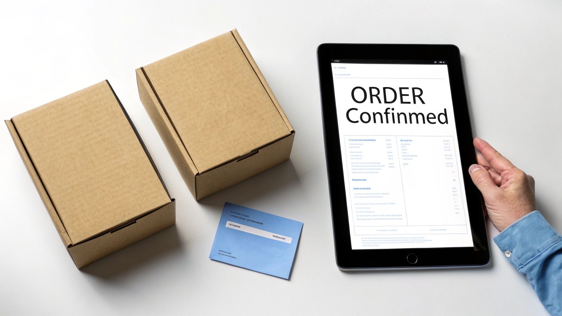A hand holds a tablet displaying 'ORDER Confirmed' next to two cardboard boxes and a blue envelope.