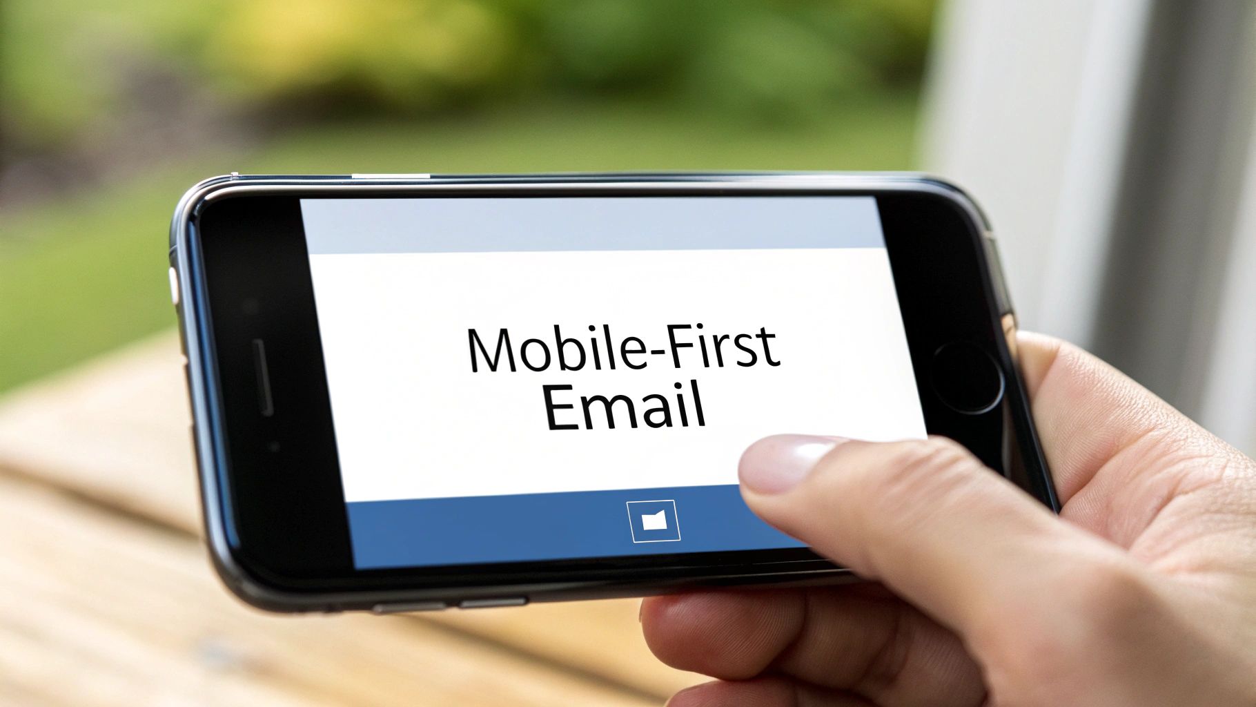 A hand holds a smartphone displaying the text 'Mobile-First Email' on its screen.