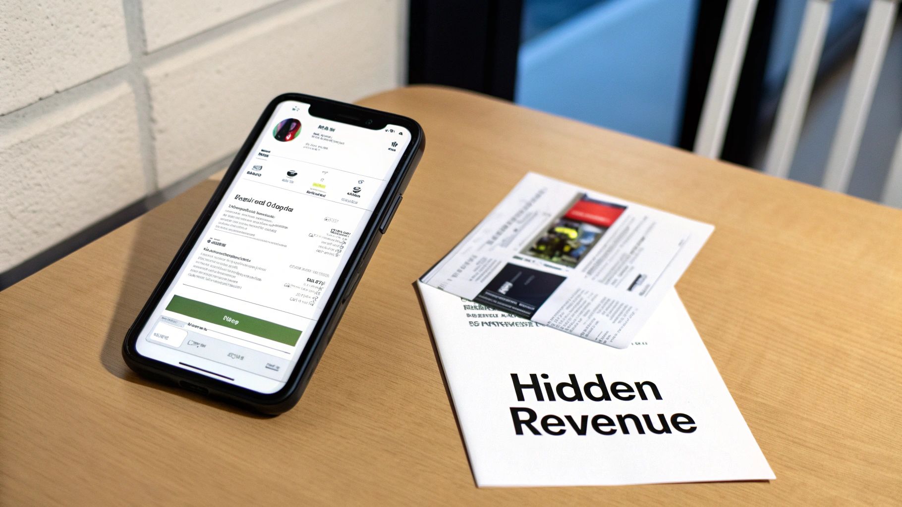 A smartphone displaying a digital transaction confirmation next to a document on hidden revenue.