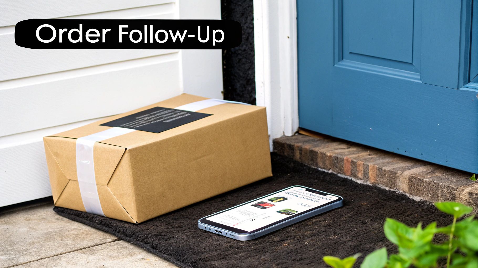 A delivered package and a smartphone displaying an e-commerce order on a doormat.