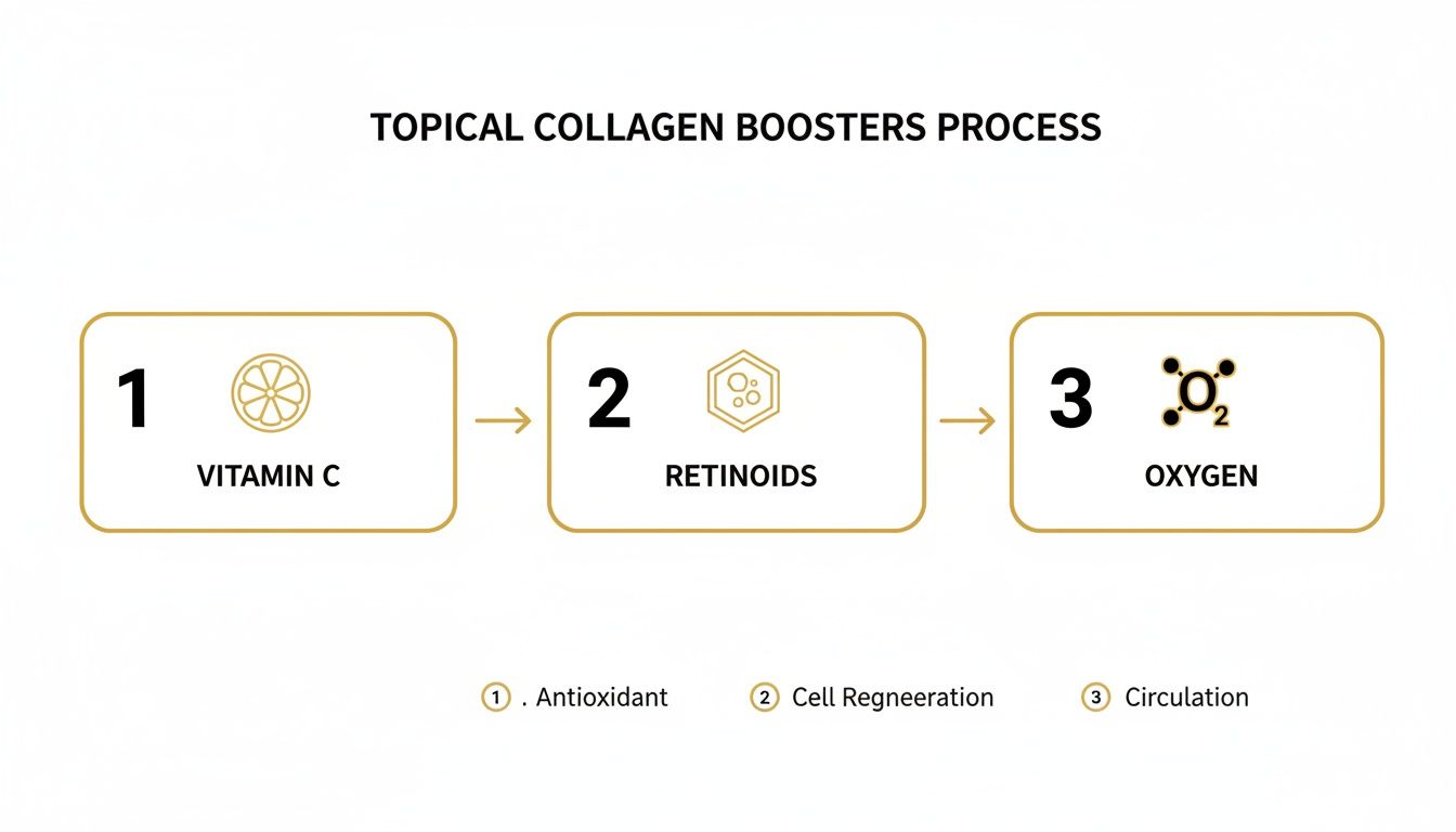 Diagram illustrating the three-step topical collagen boosters process with Vitamin C, Retinoids, and Oxygen.