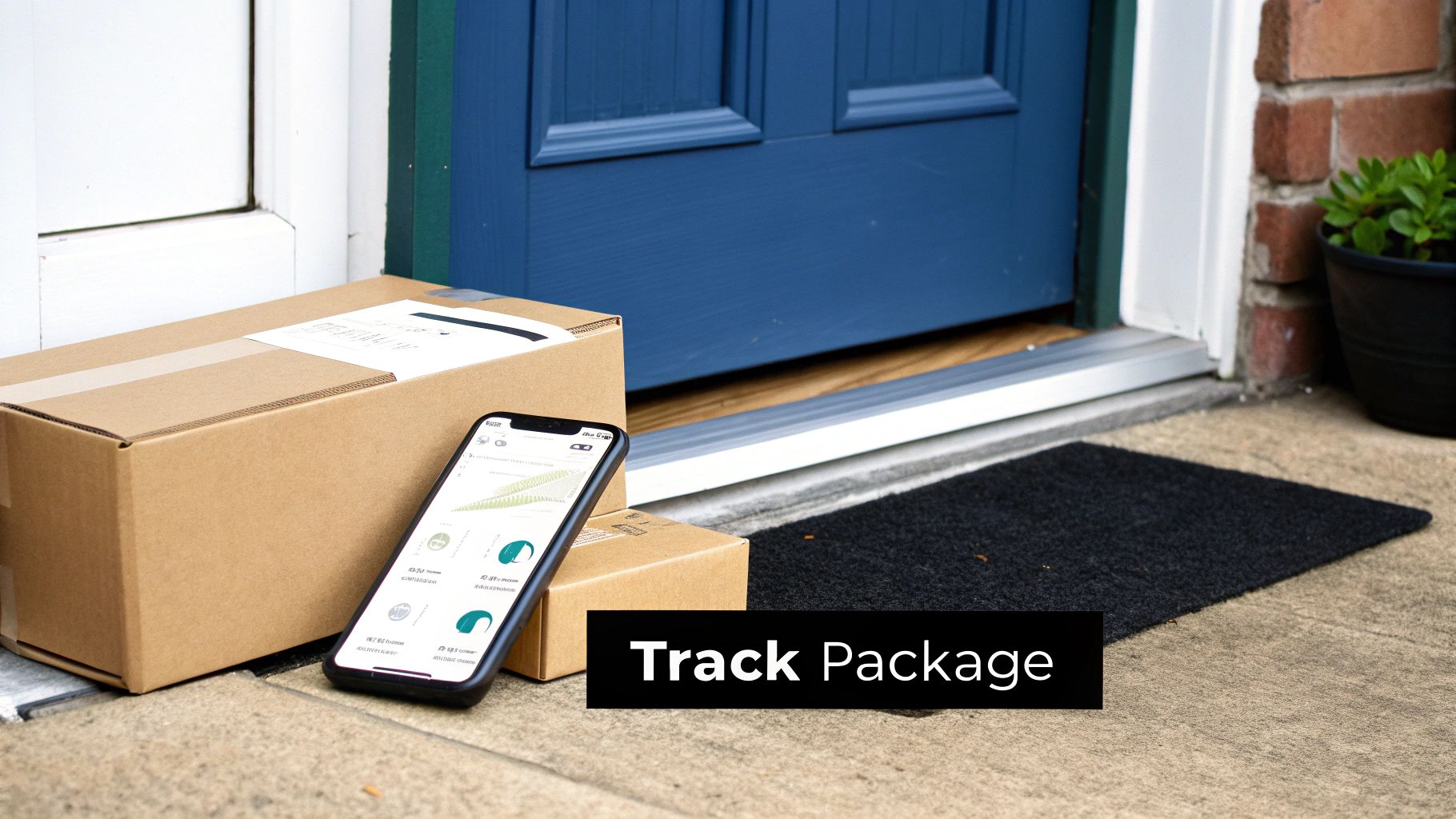 A smartphone showing a tracking app leans against cardboard boxes on a doorstep, ready for delivery.