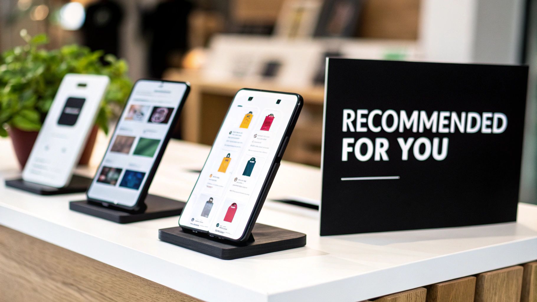 Retail display with three smartphones showcasing product recommendations and a 'RECOMMENDED FOR YOU' sign.