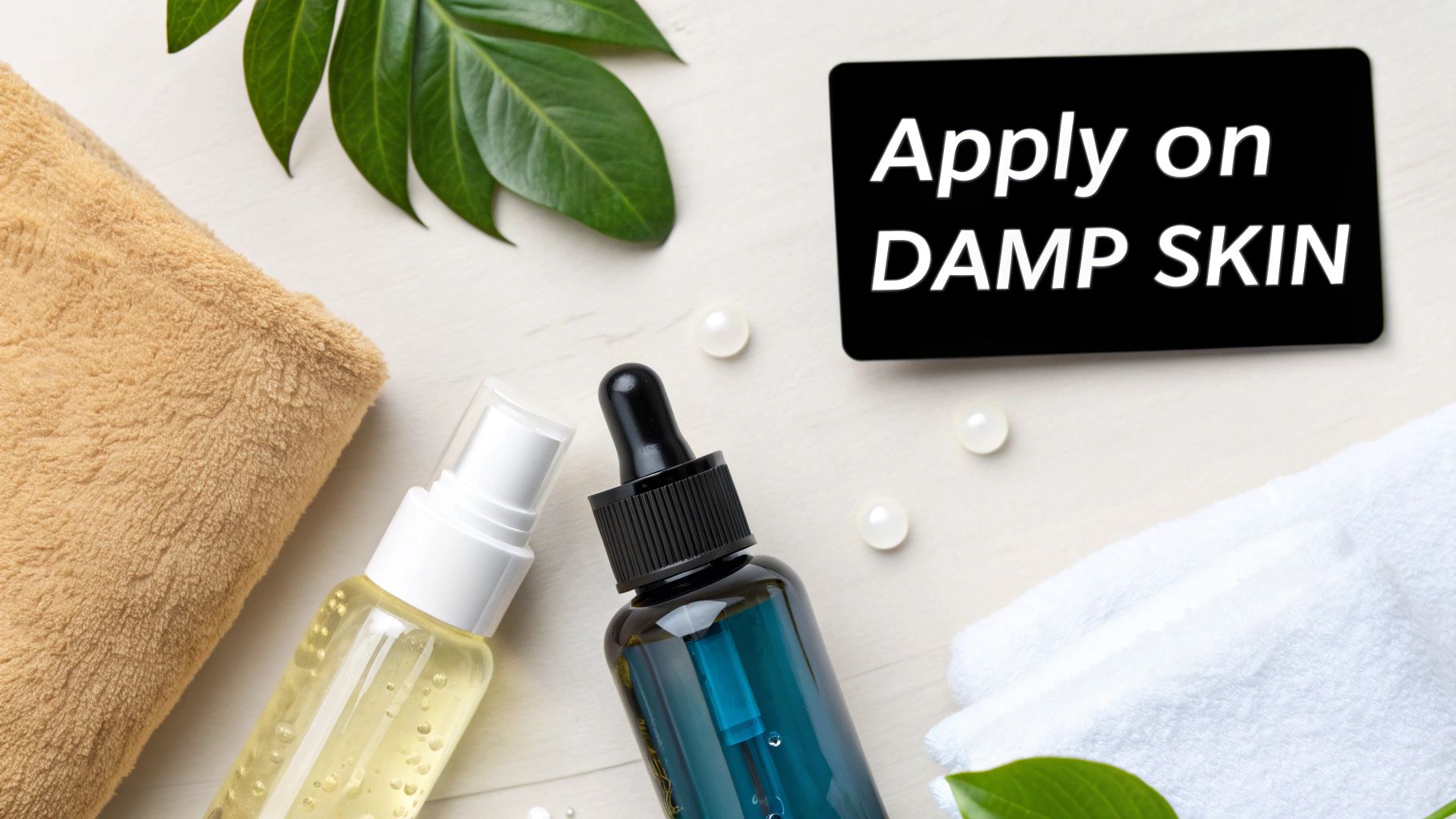 Overhead shot of skincare products, towels, leaves, and pearls, with application instructions.