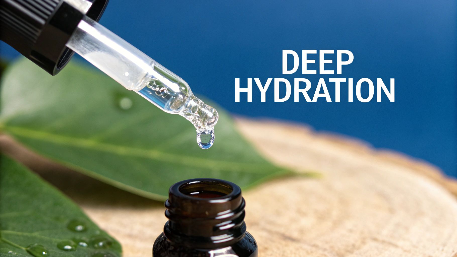 Clear liquid dripping from a dropper into a serum bottle, emphasizing deep hydration.