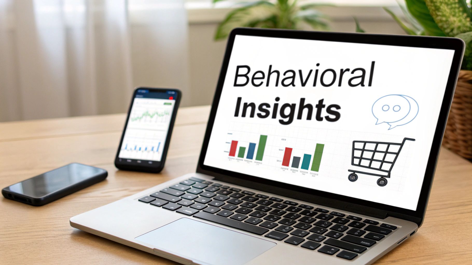 Laptop displaying 'Behavioral Insights' with charts, a shopping cart, and chat icons. Two smartphones are on a wooden desk.