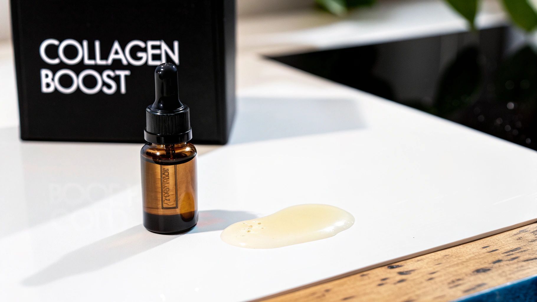 An amber dropper bottle of 'COLLAGEN BOOST' serum next to a spill of light yellow product on a white surface.