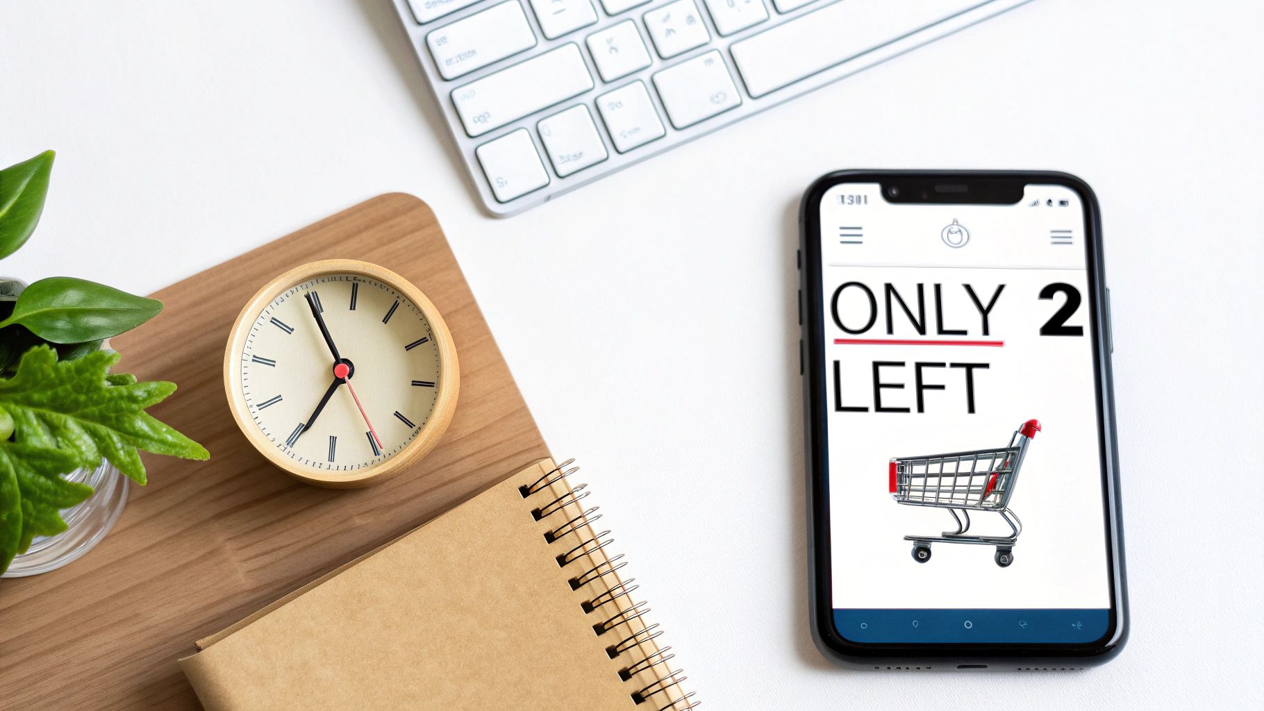 A top-down view of a desk with a smartphone displaying an 'ONLY 2 LEFT' message and a shopping cart icon.
