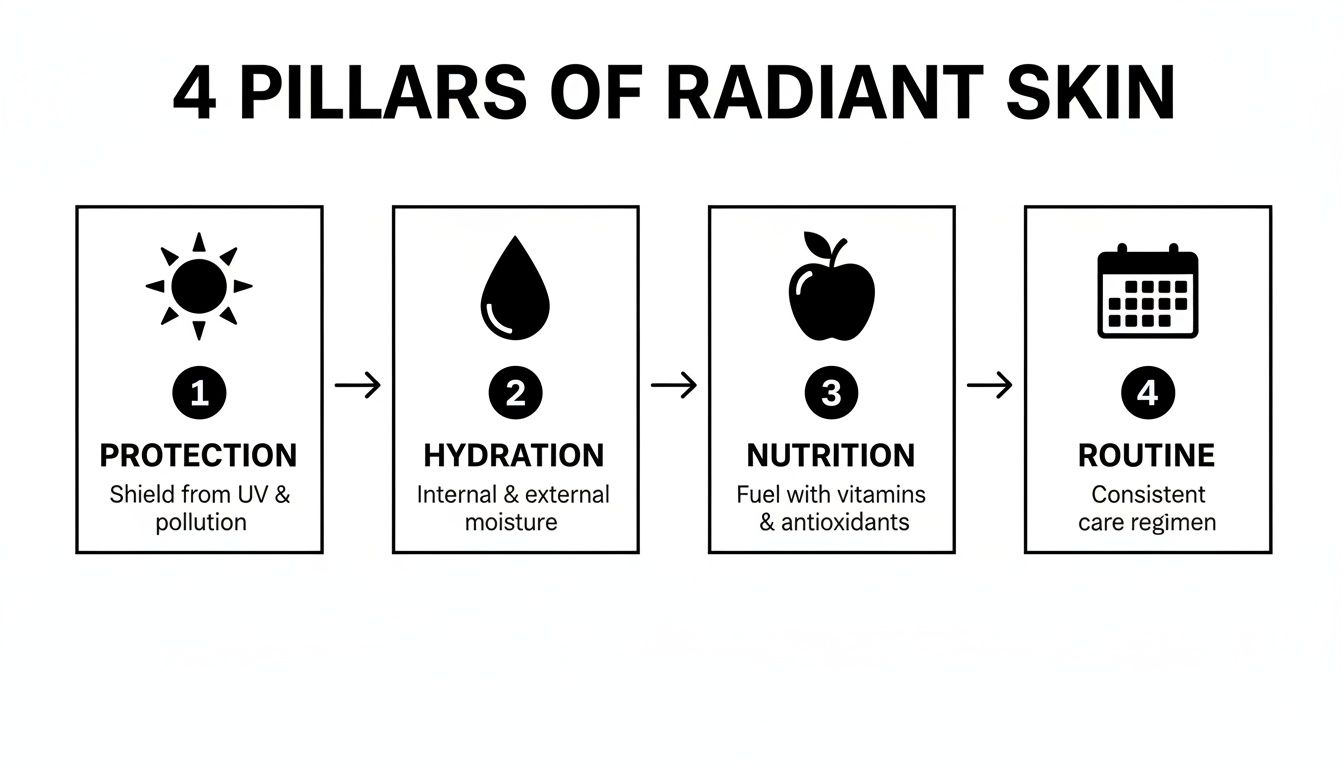 Infographic outlining the 4 essential pillars for radiant skin: protection, hydration, nutrition, and consistent routine.