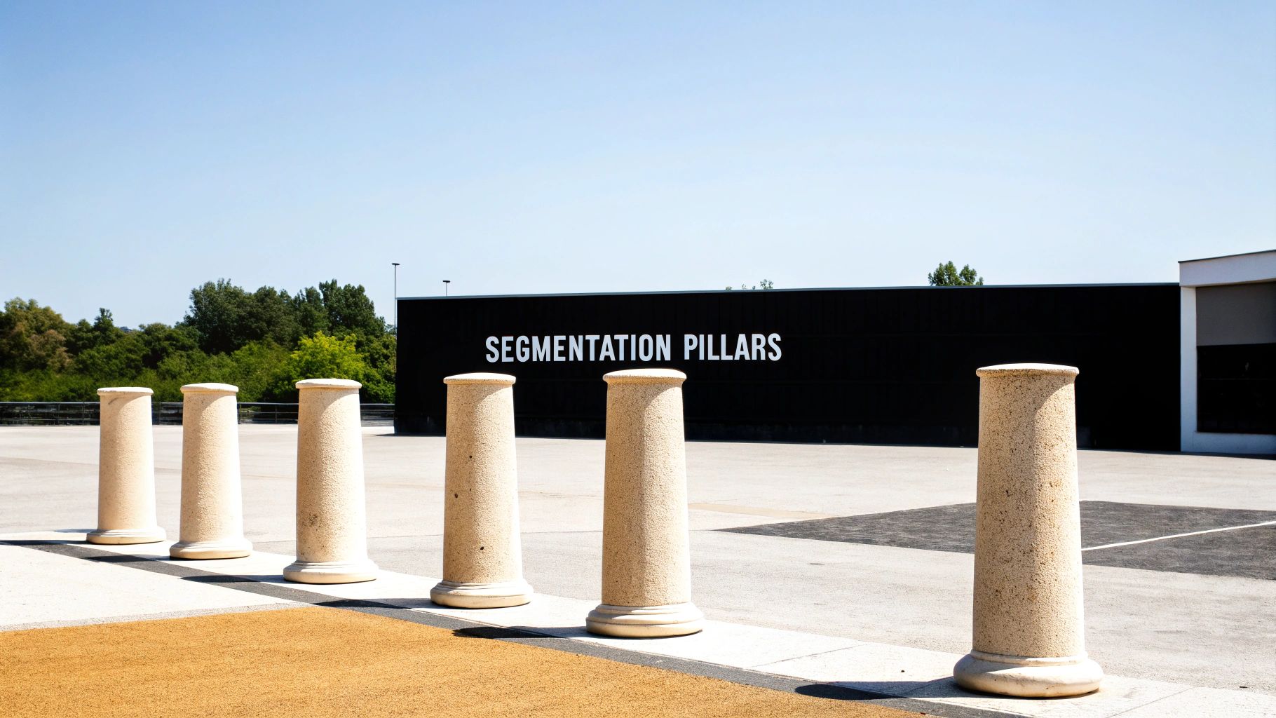 Six beige pillars stand in a line on a paved area, facing a black wall with 'SEGMENTATION PILLARS' written in white text.