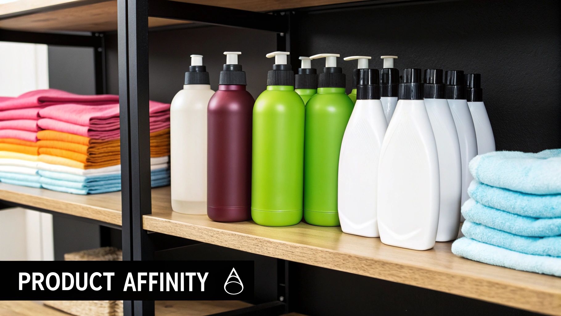 A wooden shelf displaying various bottles of liquid soap or lotion next to neatly folded colorful towels.