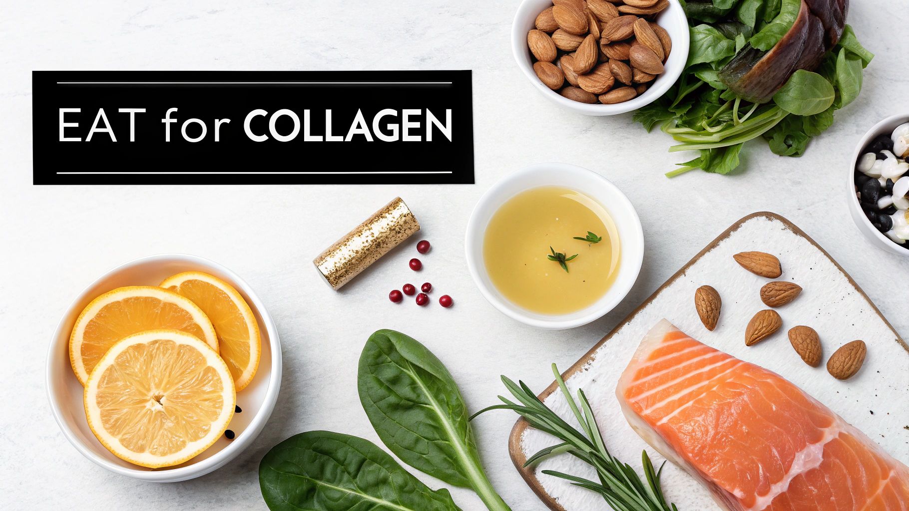 Overhead shot of healthy foods for collagen: salmon, oranges, spinach, almonds, and olive oil.