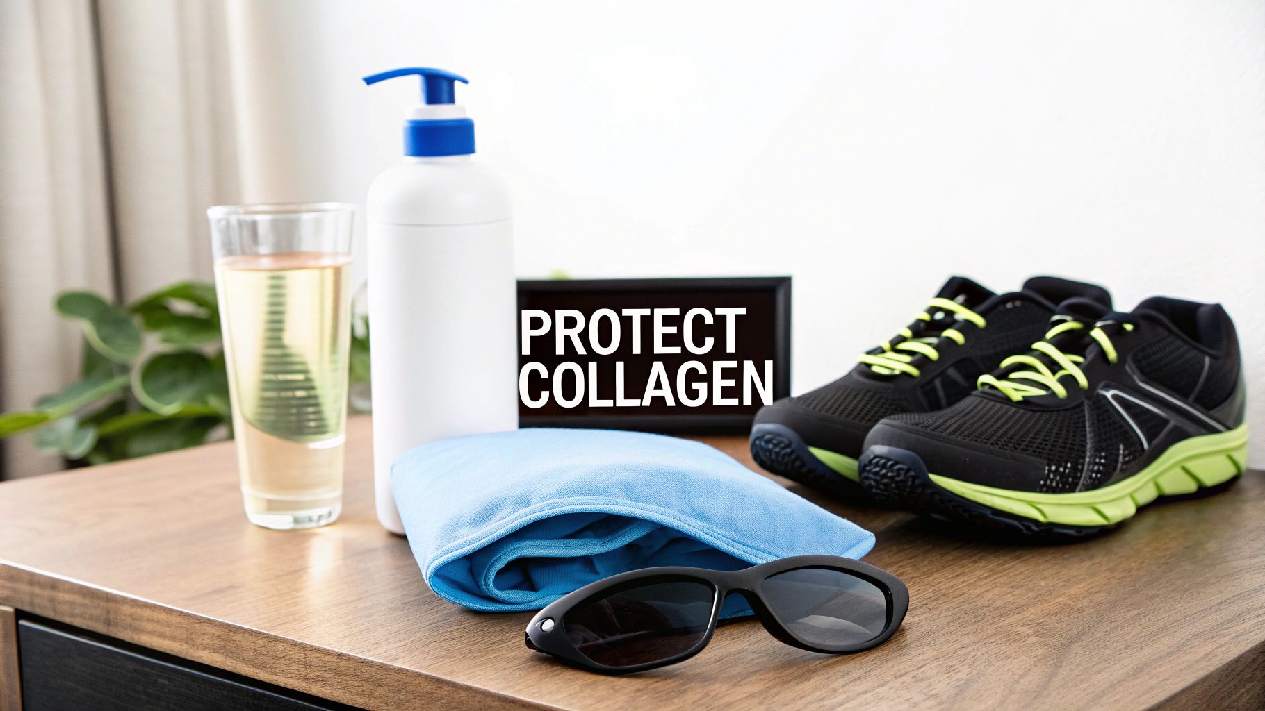 Essentials for collagen protection: a drink, sunscreen, sunglasses, towel, and running shoes on a wooden table.