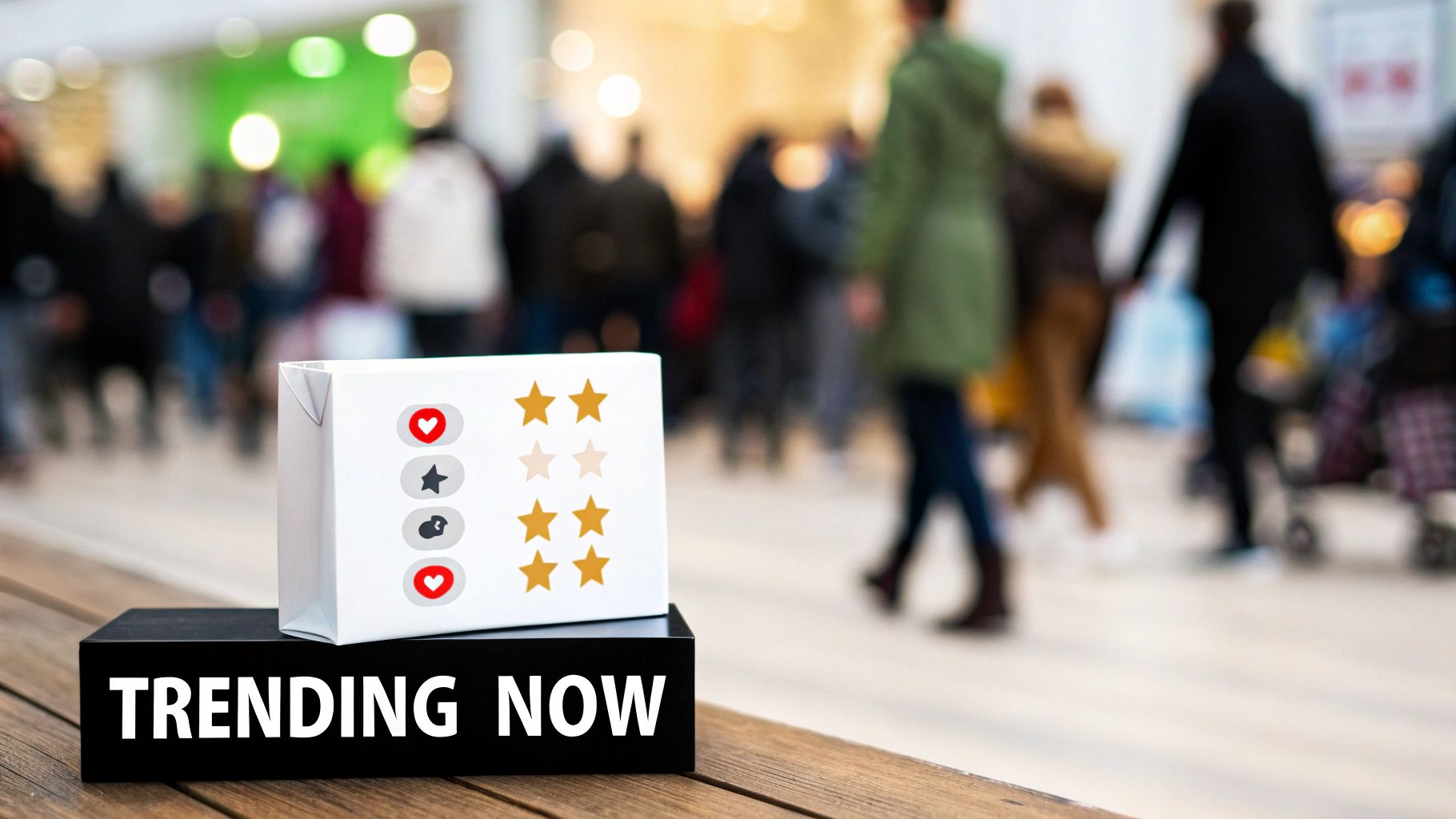 Display box with rating stars and social media icons, labeled 'TRENDING NOW' in a retail setting.