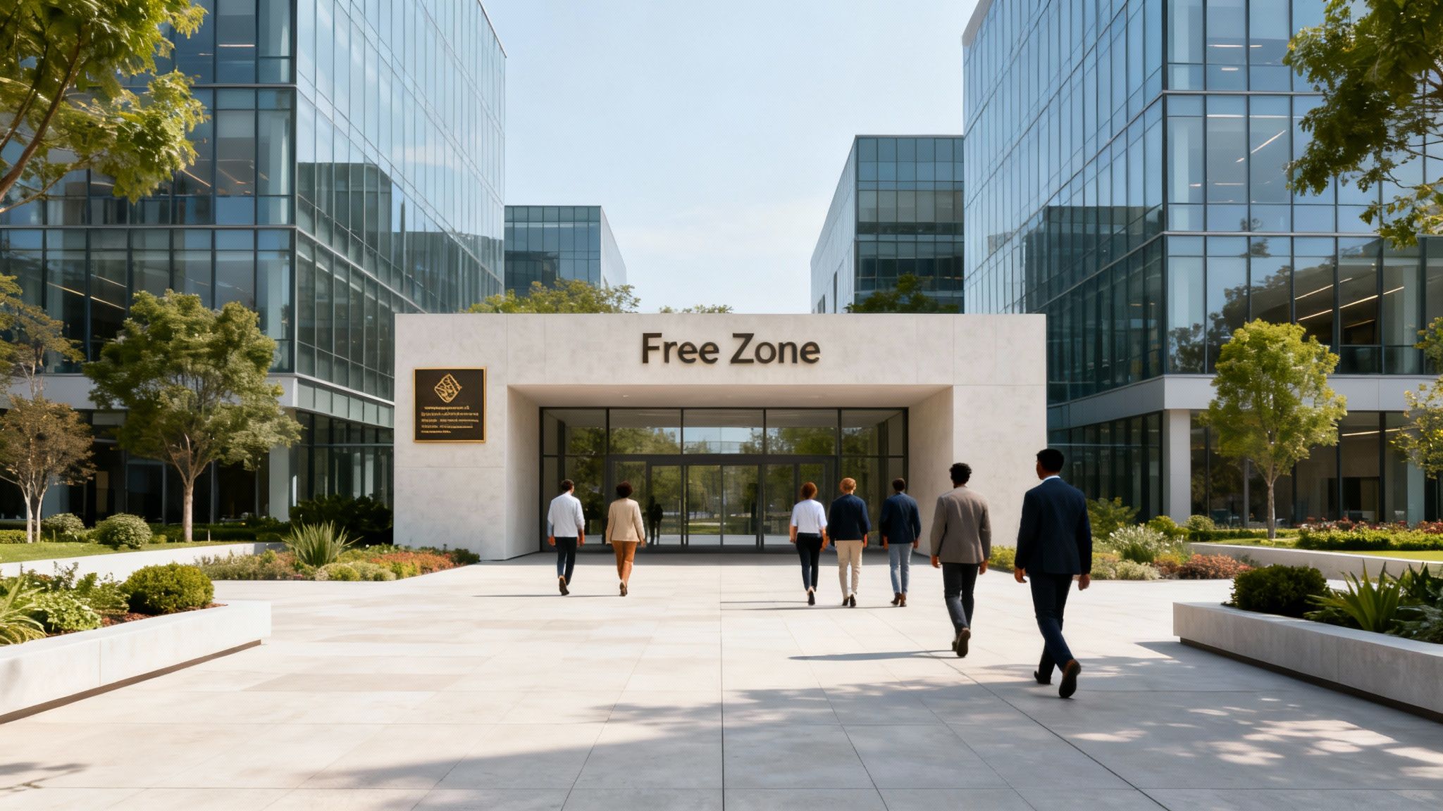 Group of business people walking towards the modern &#39;Free Zone&#39; building entrance with glass offices.