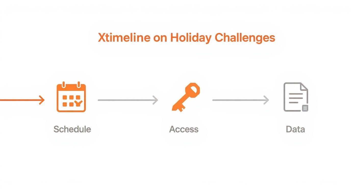 A diagram titled 'Xtimeline on Holiday Challenges' shows a flow from schedule to access to data.