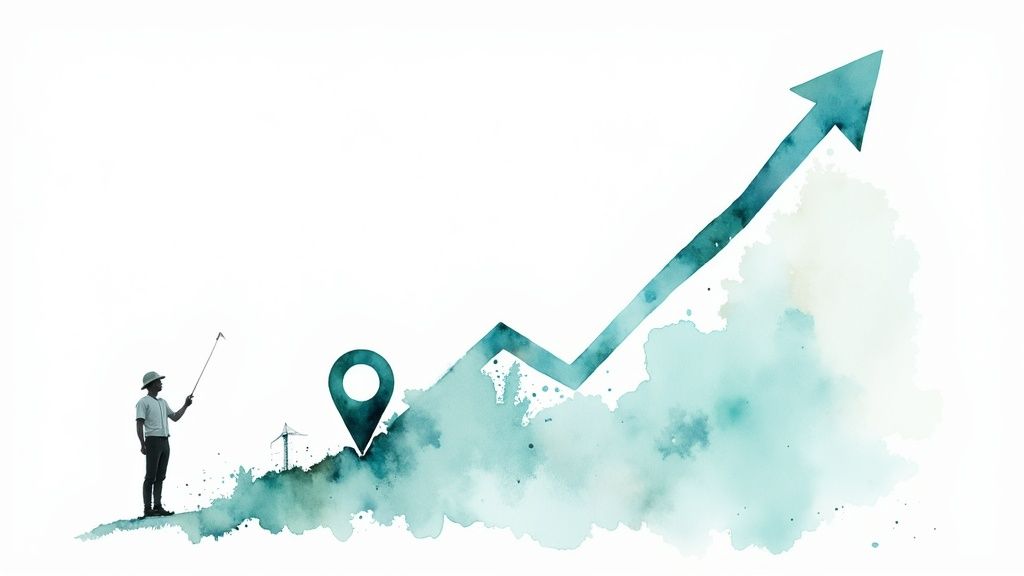 Watercolor illustration of business person pointing at upward growth arrow with location pin marker