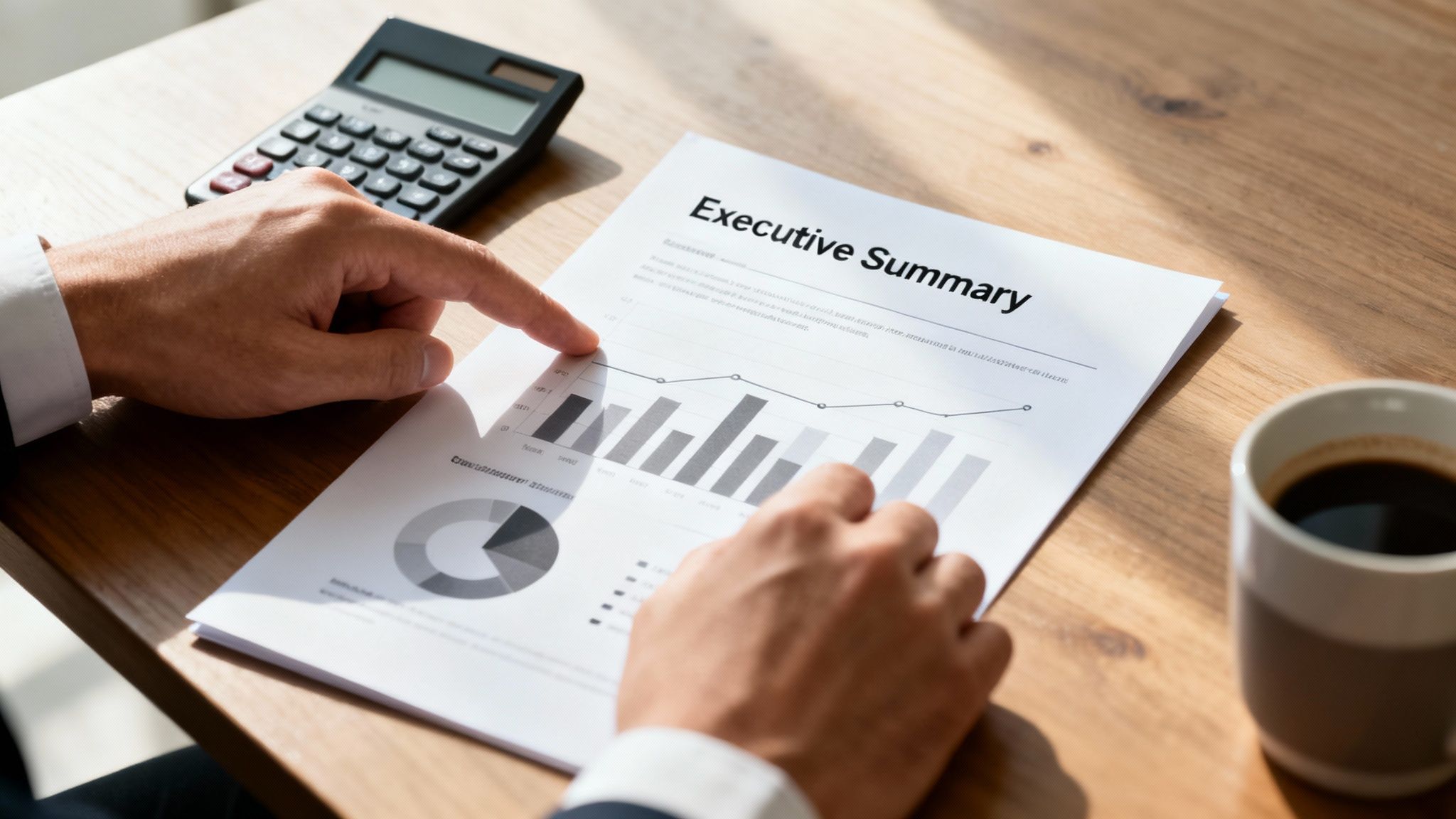 Hands reviewing an executive summary document with charts, a calculator, and coffee on a wooden desk.