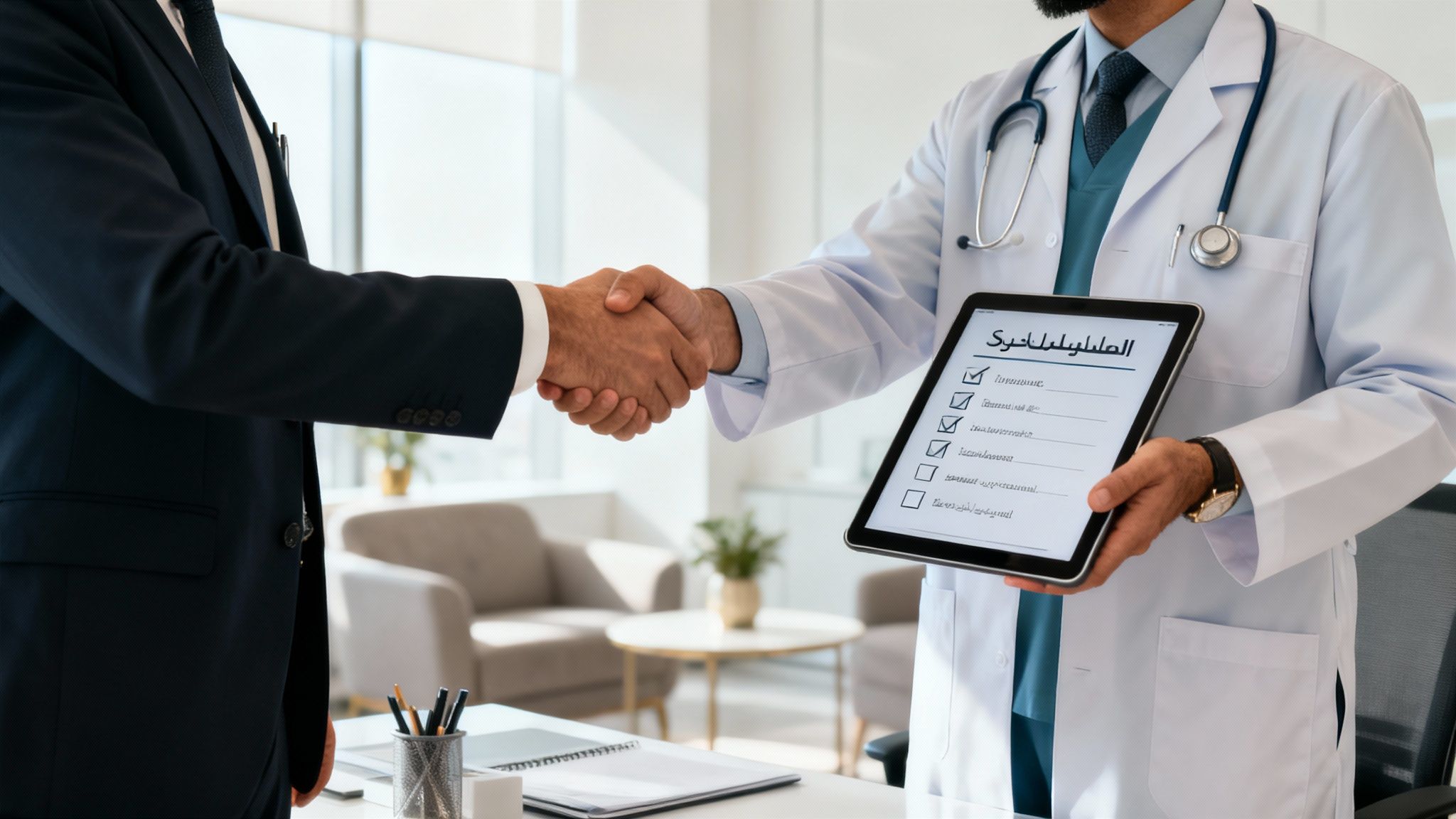 A doctor in a white coat and a businessman shake hands, the doctor holding a tablet with a checklist.