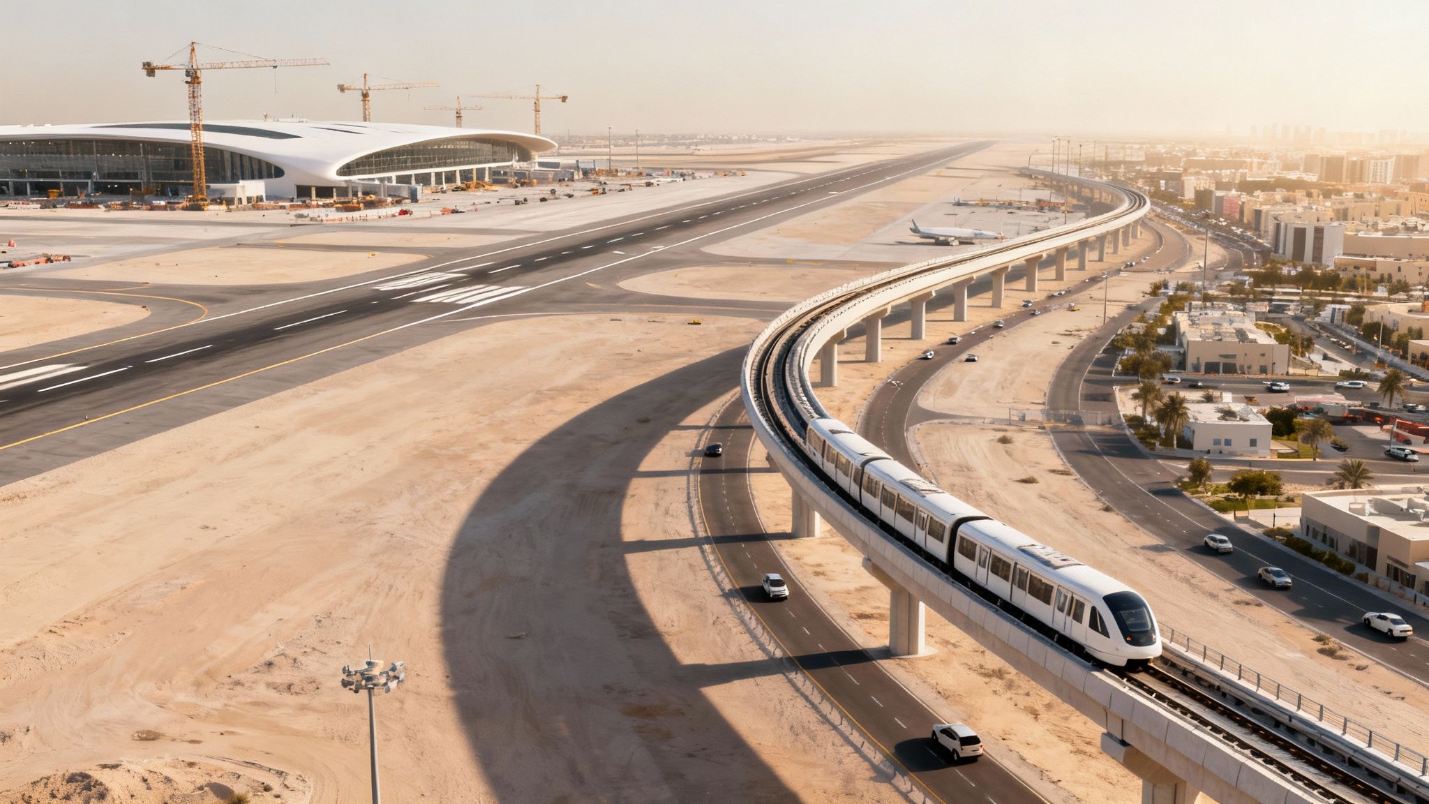 Aerial cityscape featuring a modern elevated train, airport construction, and a desert urban environment.