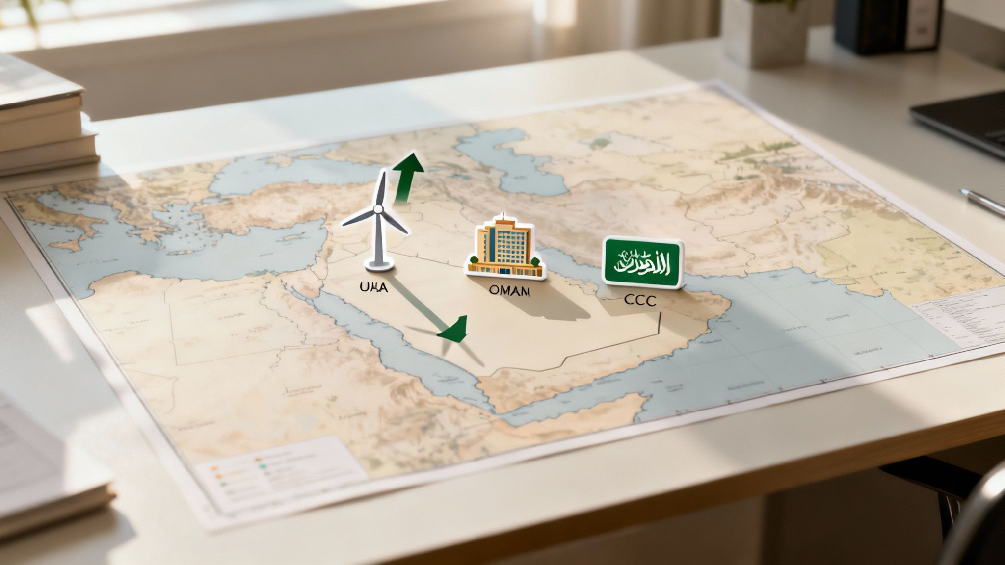 A desk with a map of the Middle East, featuring icons for URA, Oman, and CCC, with green arrows.