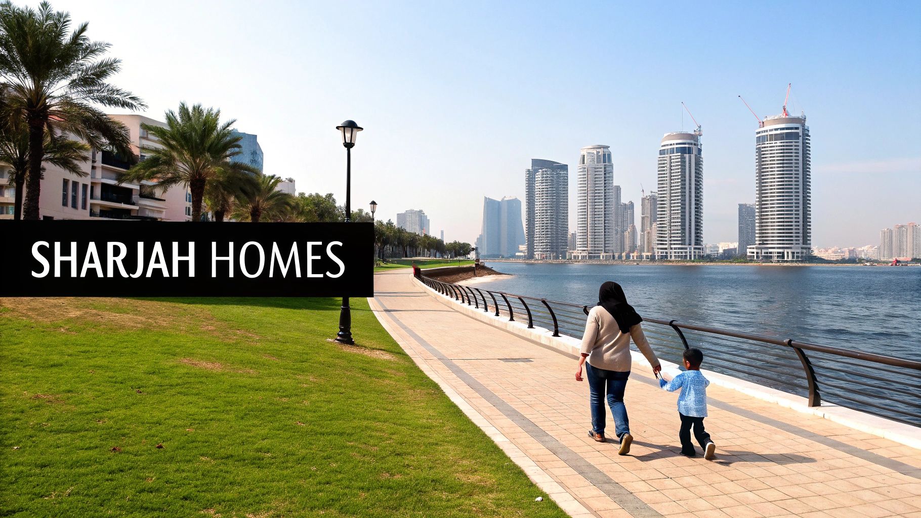 Skyline view of Sharjah with waterfront buildings and city lights at dusk.