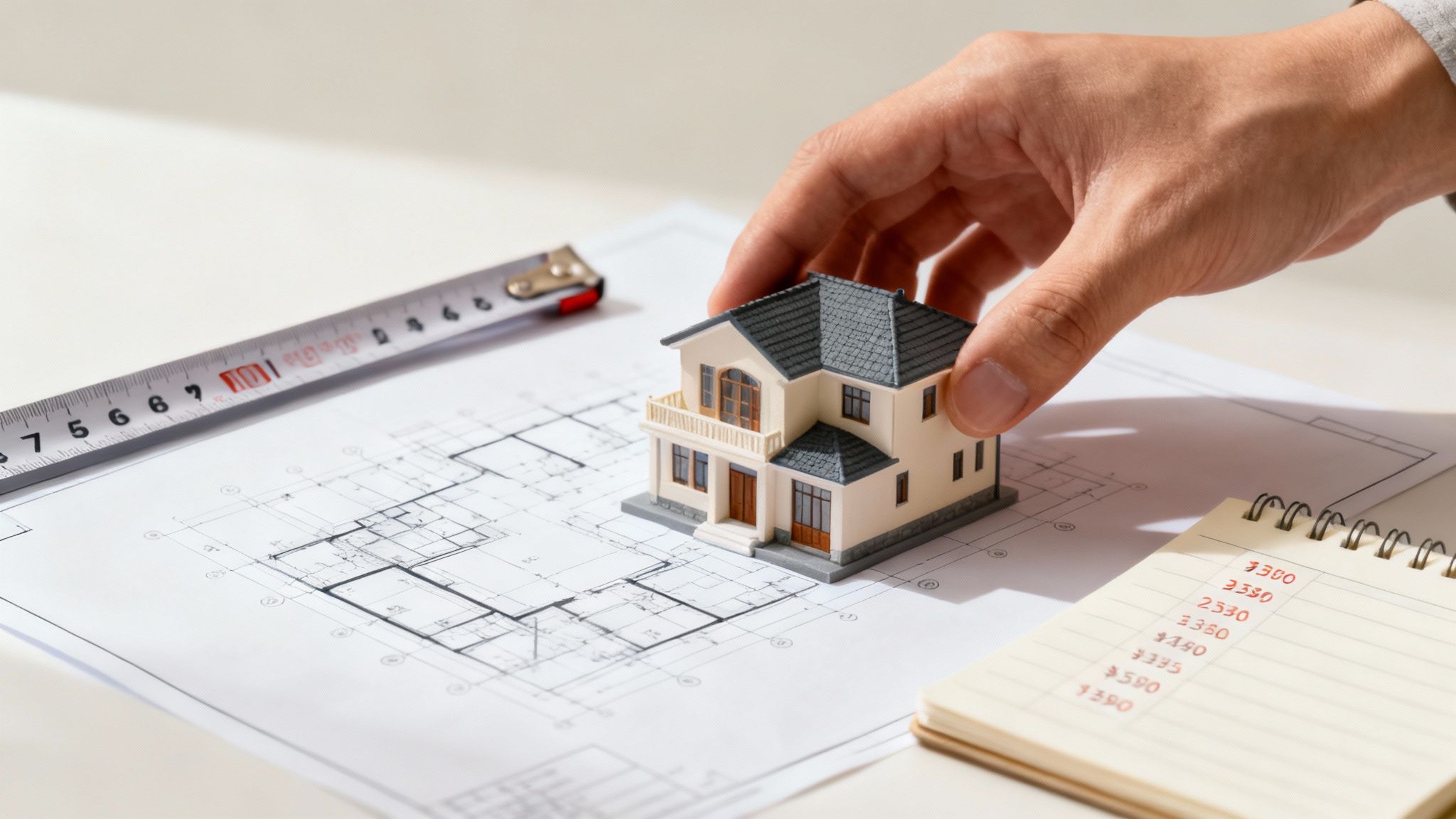 Hand positioning miniature house model on architectural blueprints with ruler and budget calculator