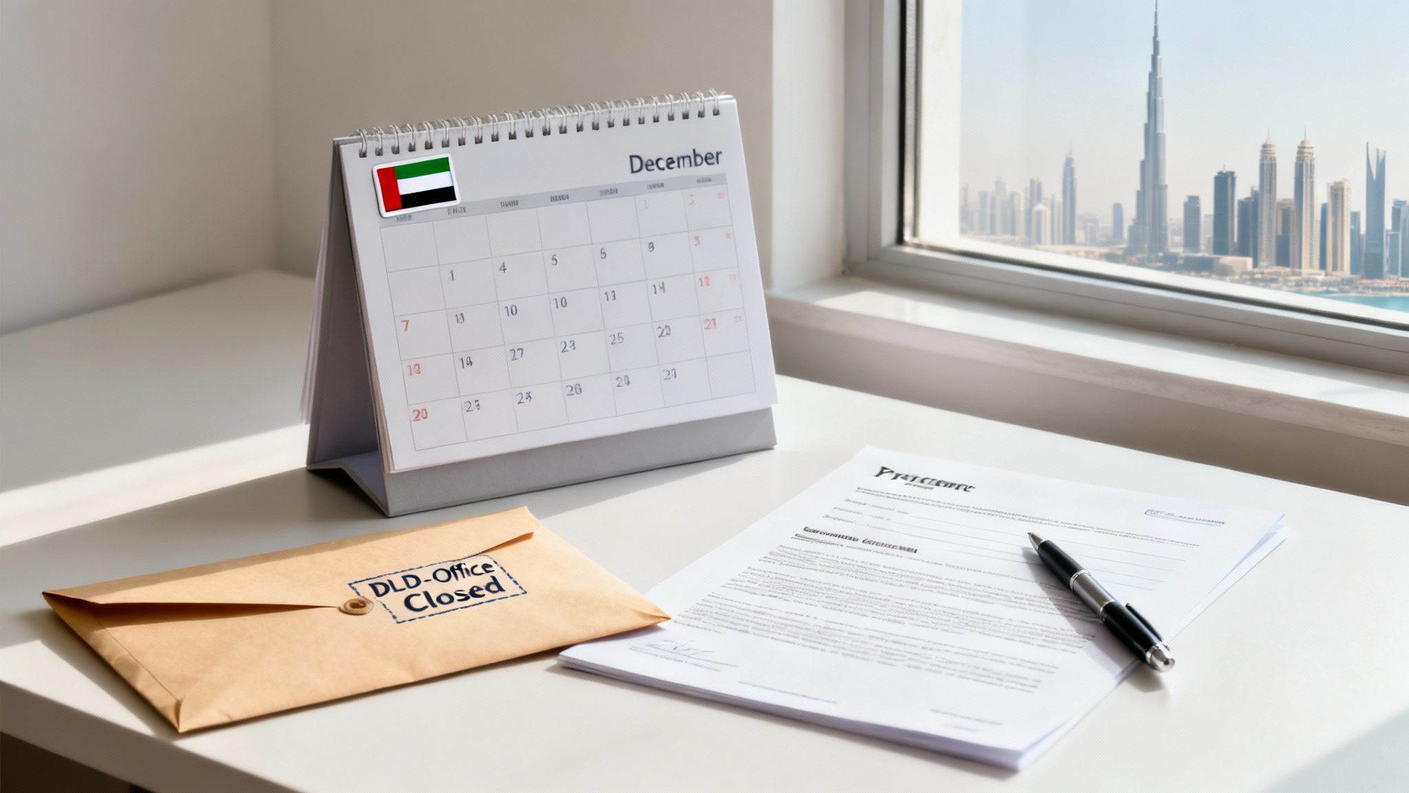 A desk with a UAE flag calendar showing December, a 'DLD-Office Closed' envelope, and documents, overlooking the Dubai skyline.