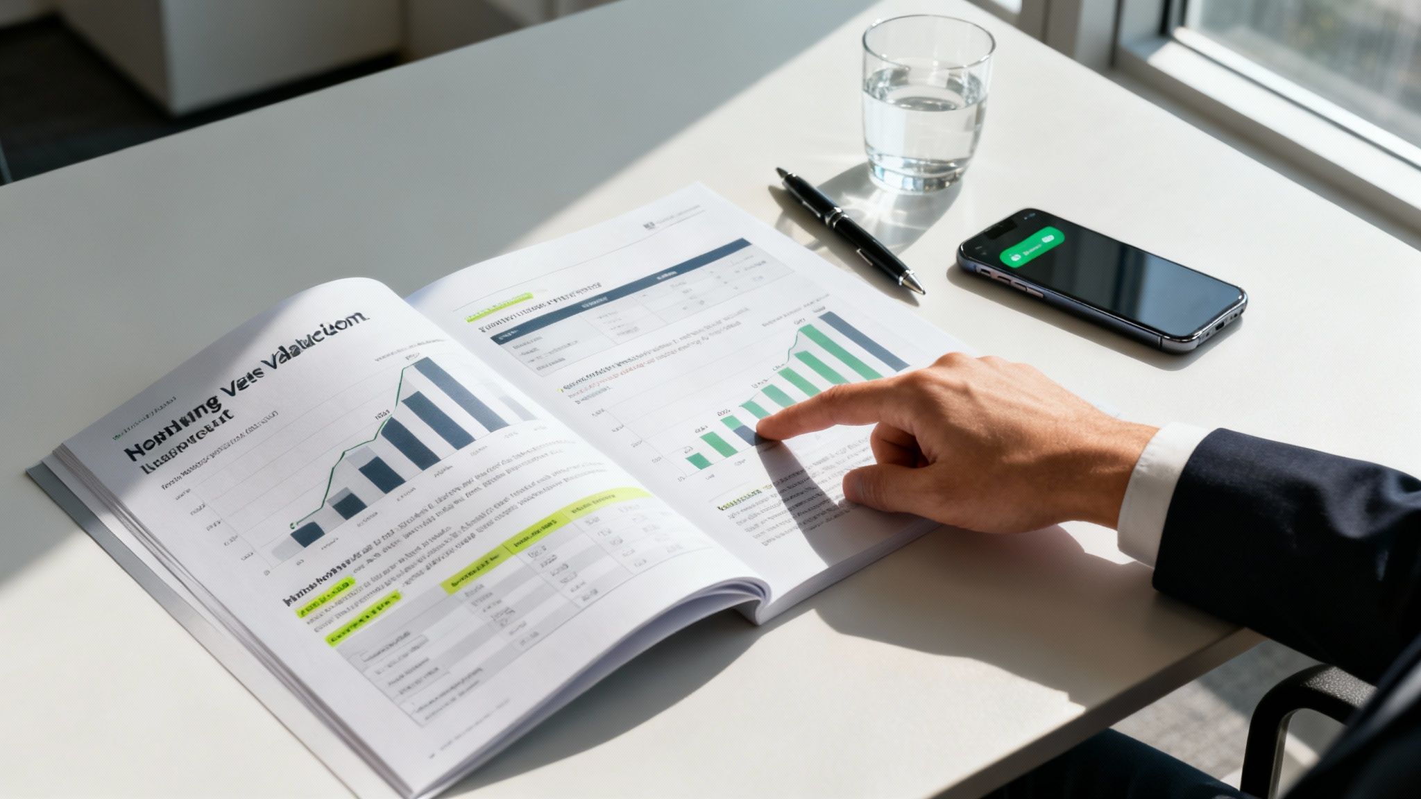A person in a suit pointing at financial charts in a business report on a white desk.