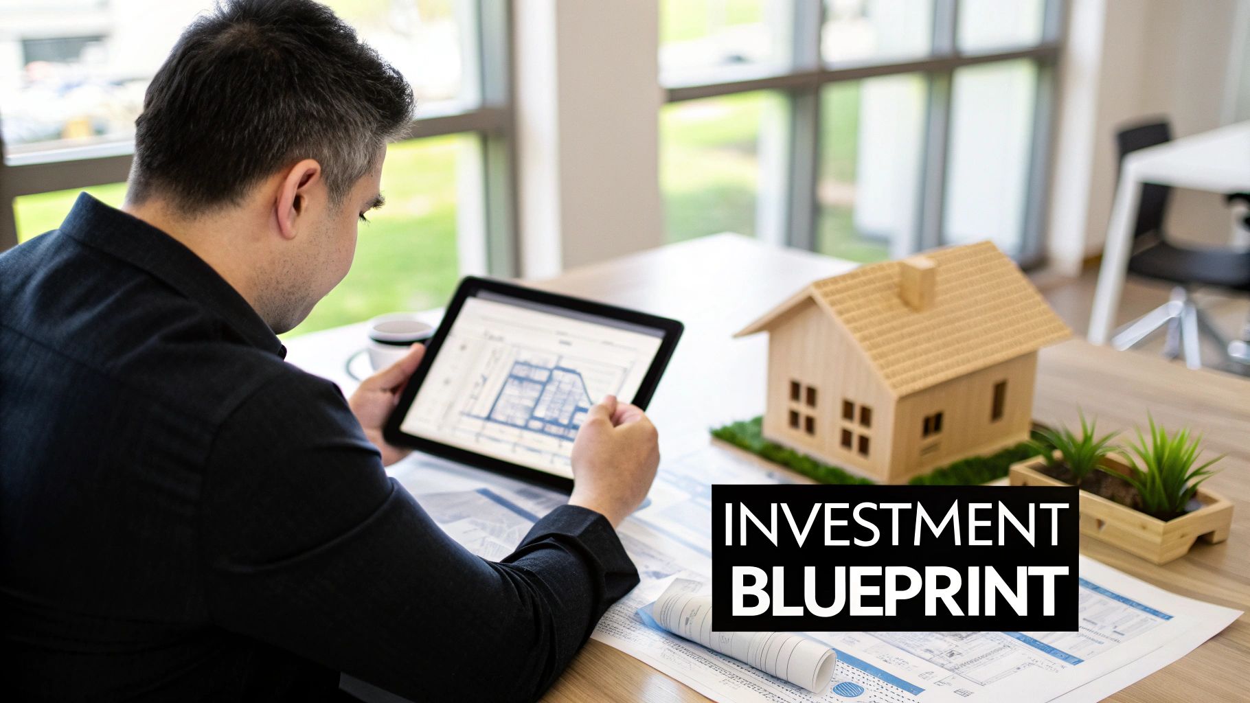 Two real estate professionals reviewing architectural plans on a tablet at a construction site.