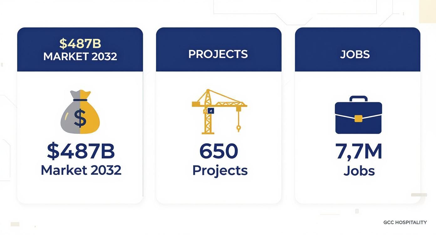 Infographic showing GCC hospitality market valued at $487B by 2032, with 650 projects creating 7.7M jobs.