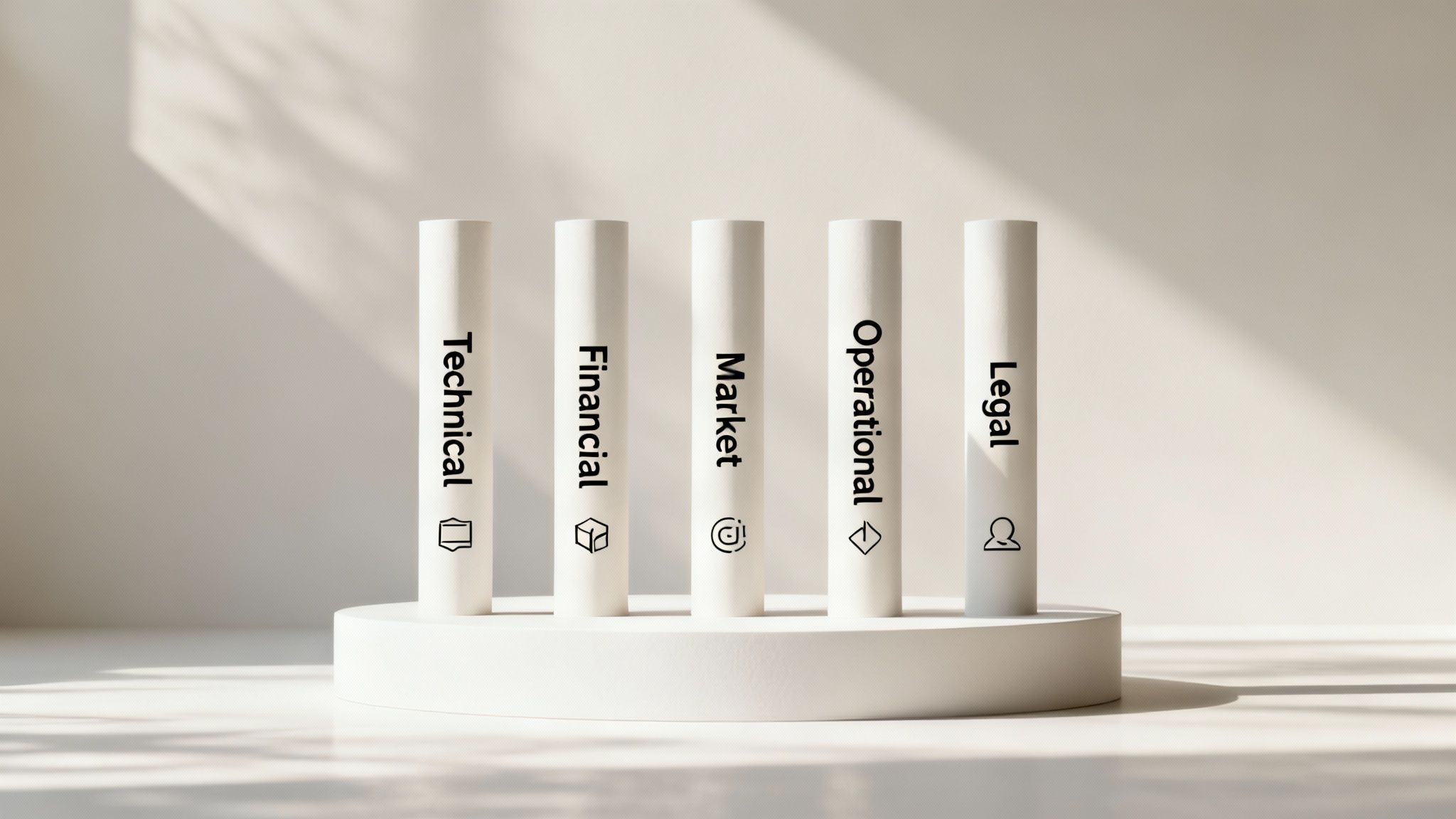 Five white pillars representing Technical, Financial, Market, Operational, and Legal aspects of a study.