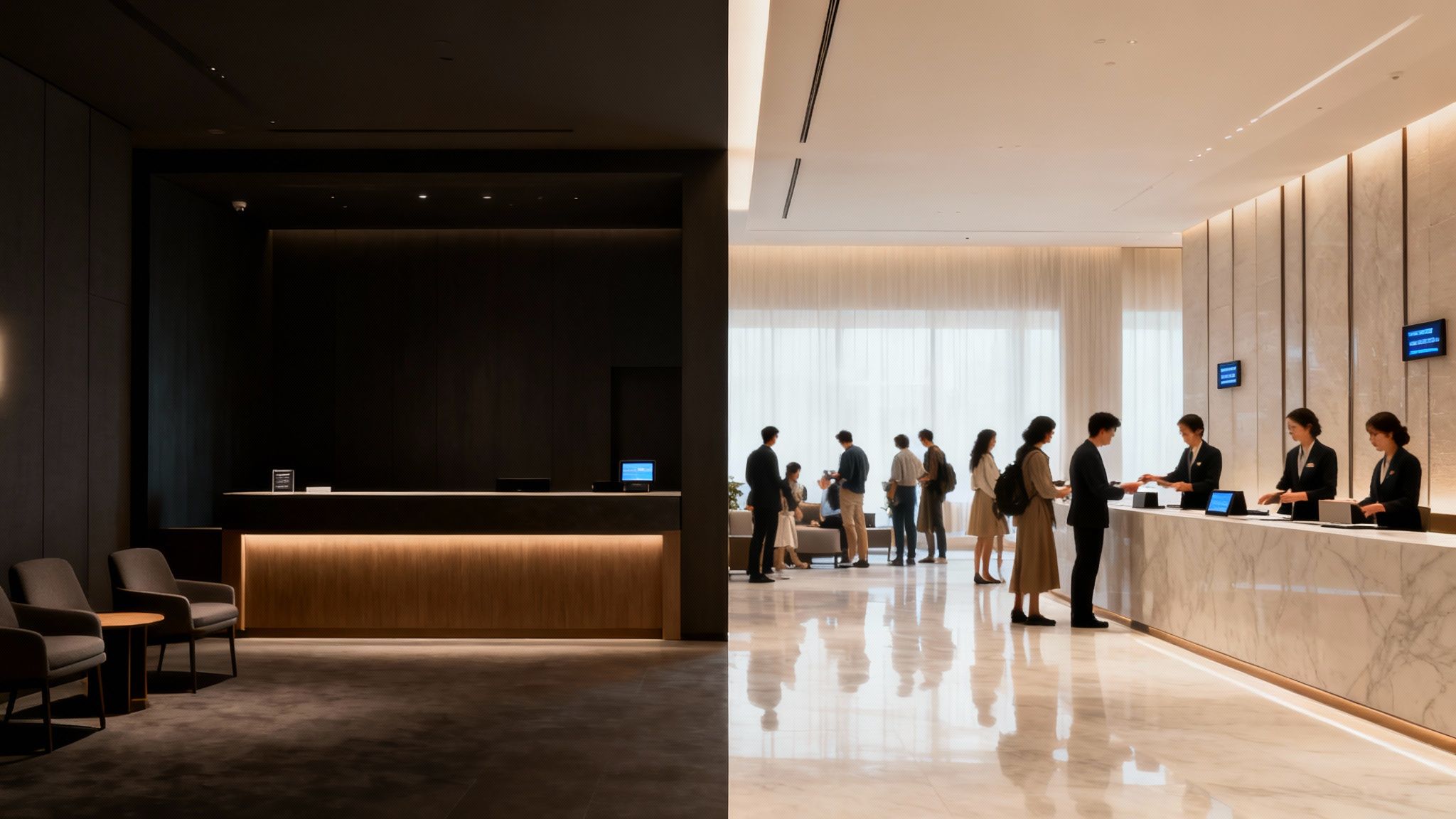 A modern hotel lobby featuring a dark waiting area and a bright reception desk with staff and guests.