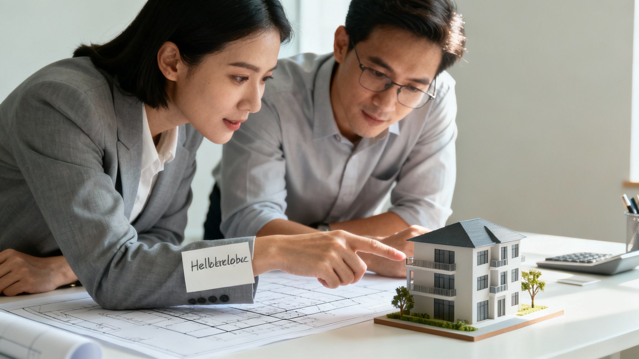 Two real estate professionals reviewing architectural blueprints and building model during property consultation meeting
