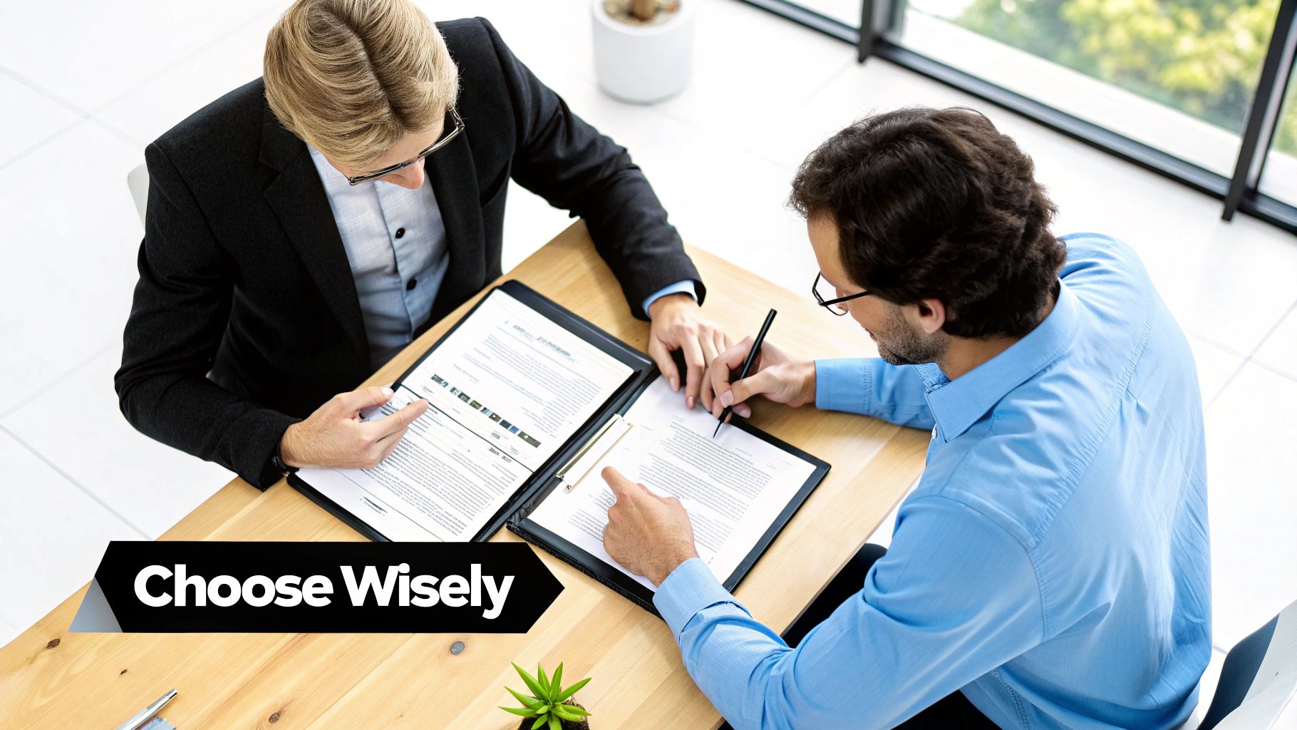 A group of professionals in a modern office, shaking hands across a table with documents and a laptop, signifying a successful partnership.