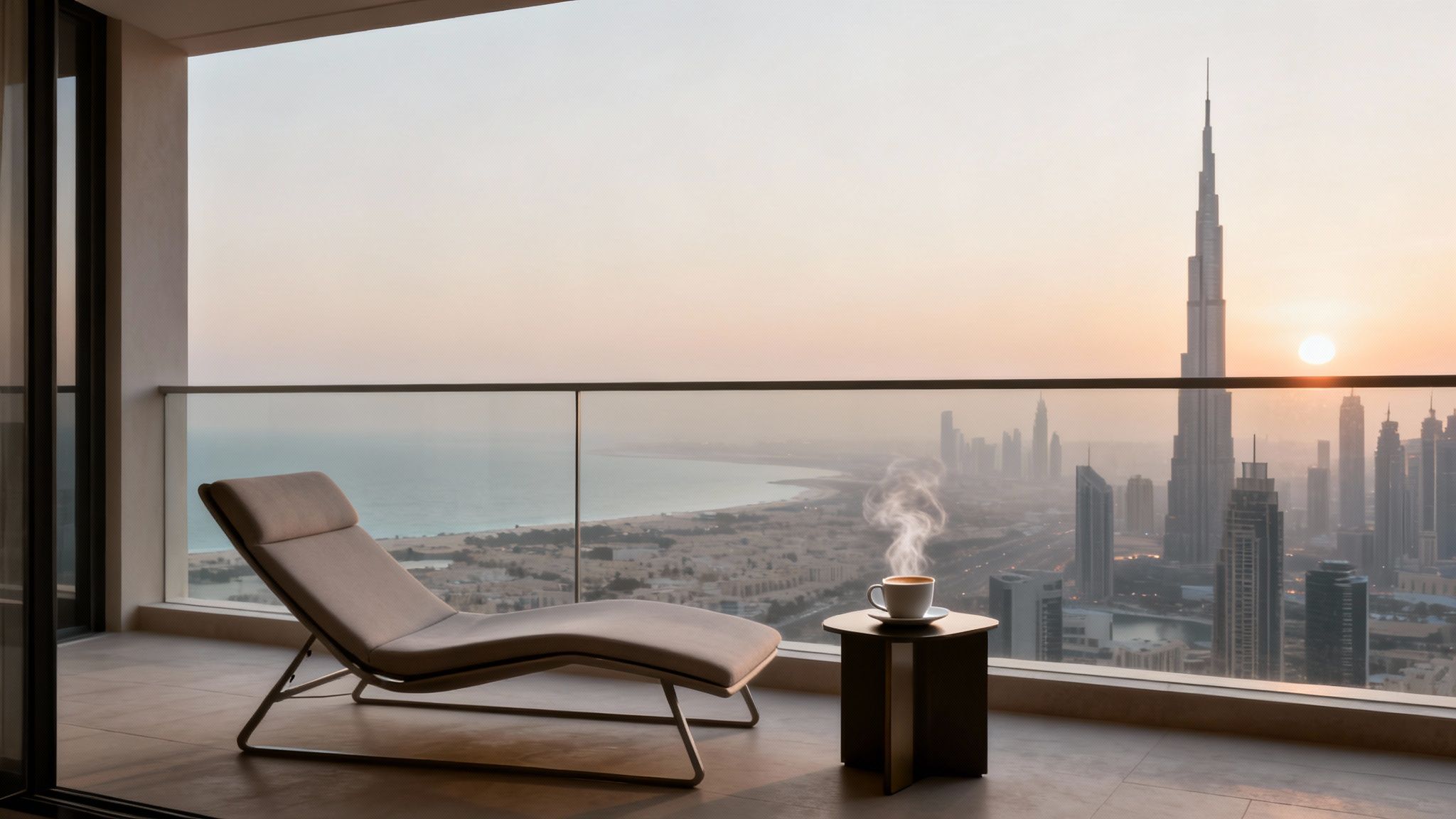 Stunning sunset view from a luxurious Dubai balcony with a coffee and lounge chair.