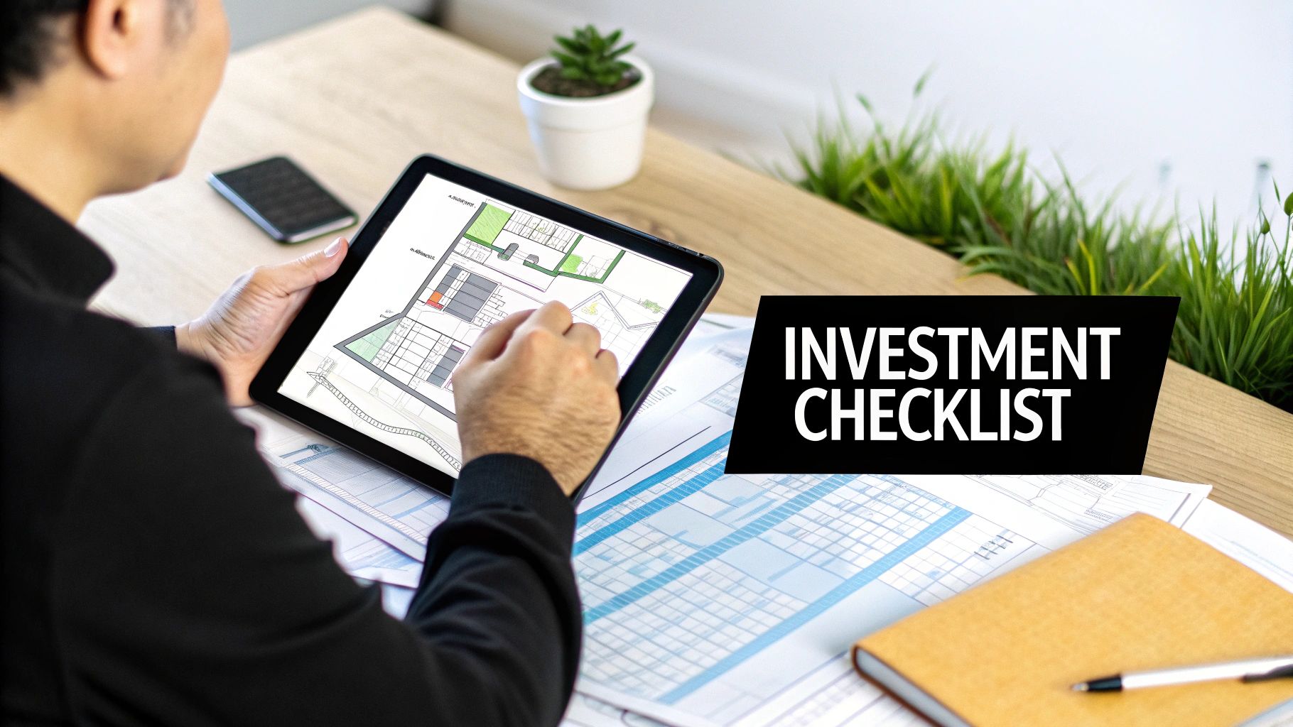 Investors discussing a blueprint in front of a modern commercial building