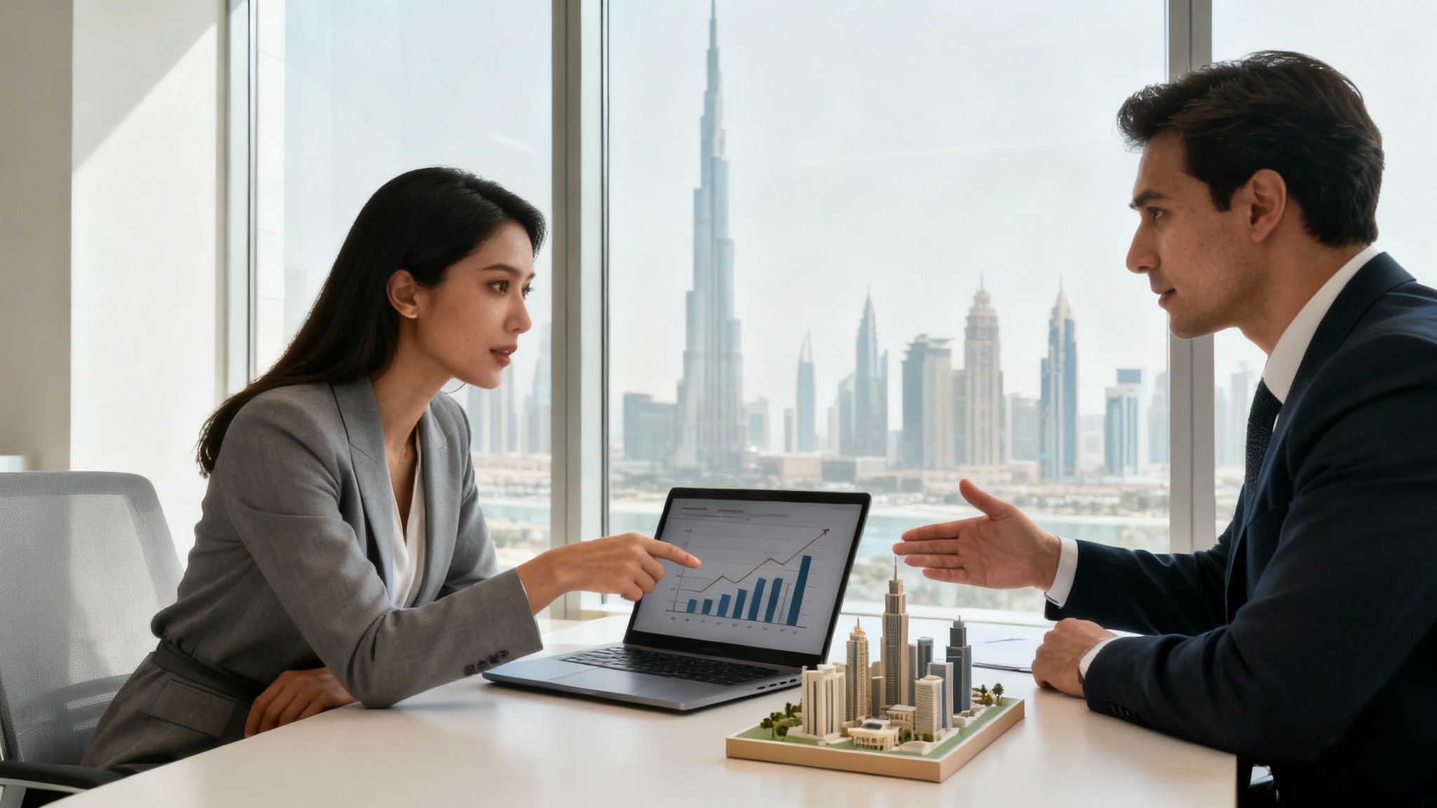 Real estate professionals discussing property investment analytics with laptop and building model in Dubai office