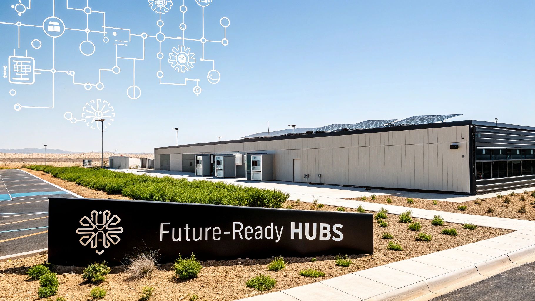 A futuristic data center with glowing blue servers and clean, sustainable energy sources, depicting the future of UAE's digital infrastructure.