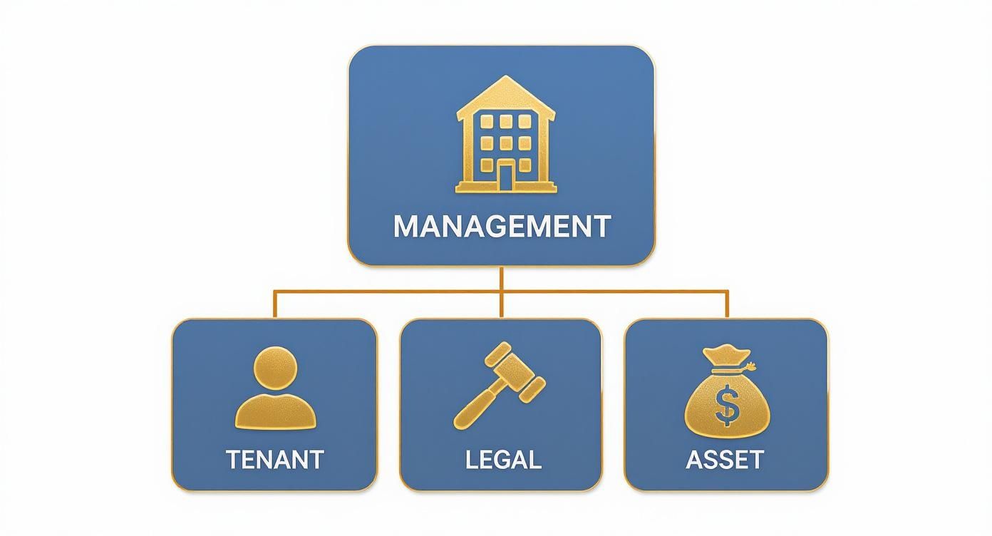 Diagram illustrating property management structure: management, tenant, legal, and asset categories.