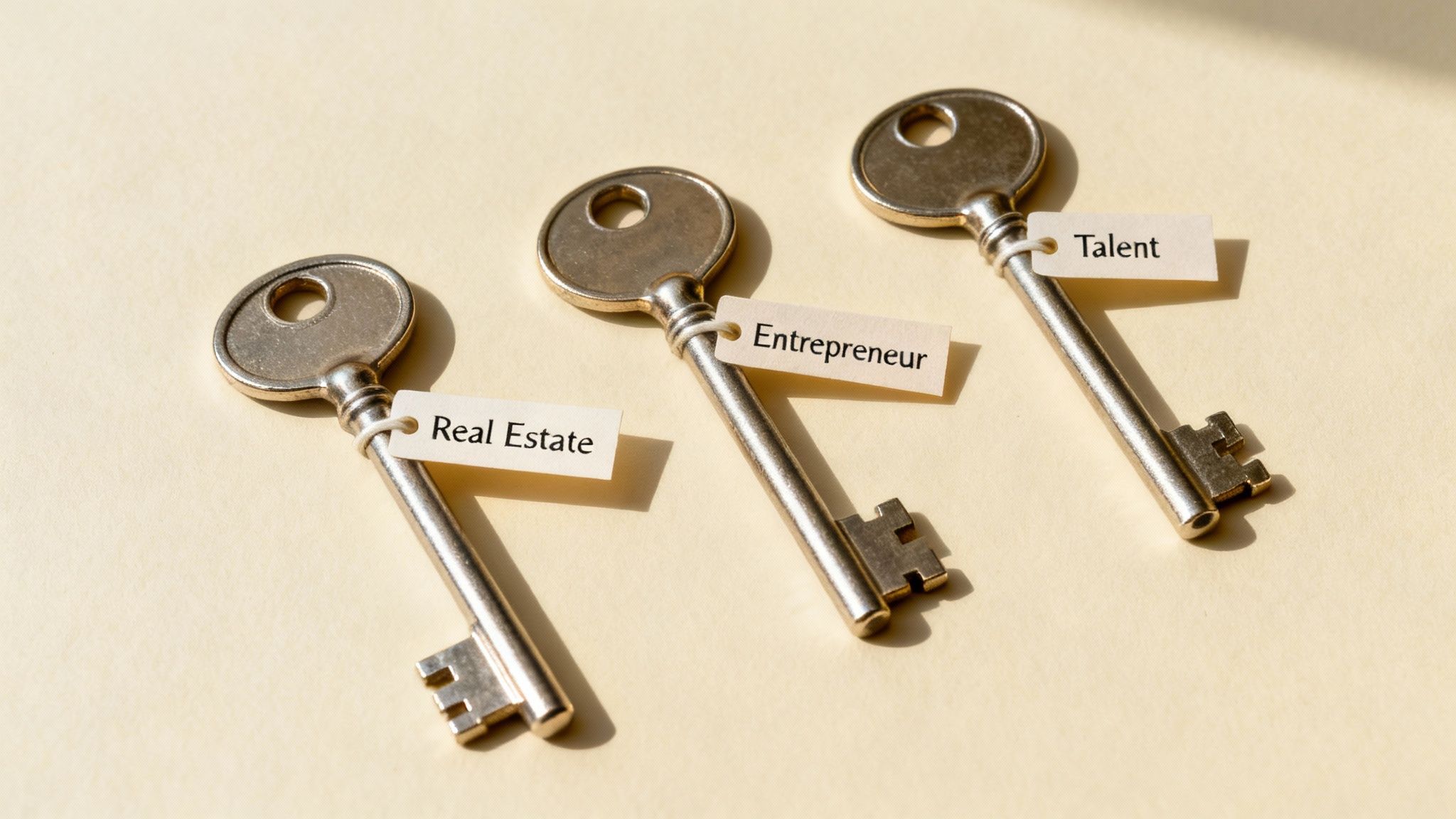 Three golden keys with tags labeled &#39;Real Estate&#39;, &#39;Entrepreneur&#39;, and &#39;Talent&#39; on a light background.