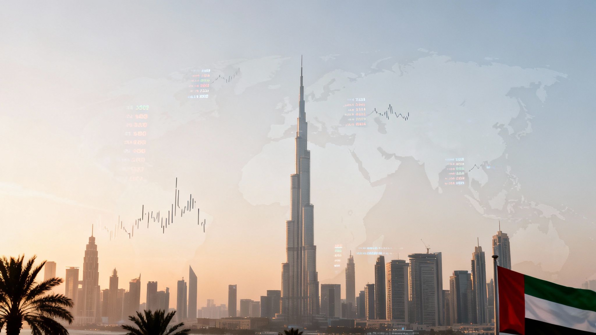 Dubai cityscape at sunset with Burj Khalifa, financial charts, and a world map overlay.