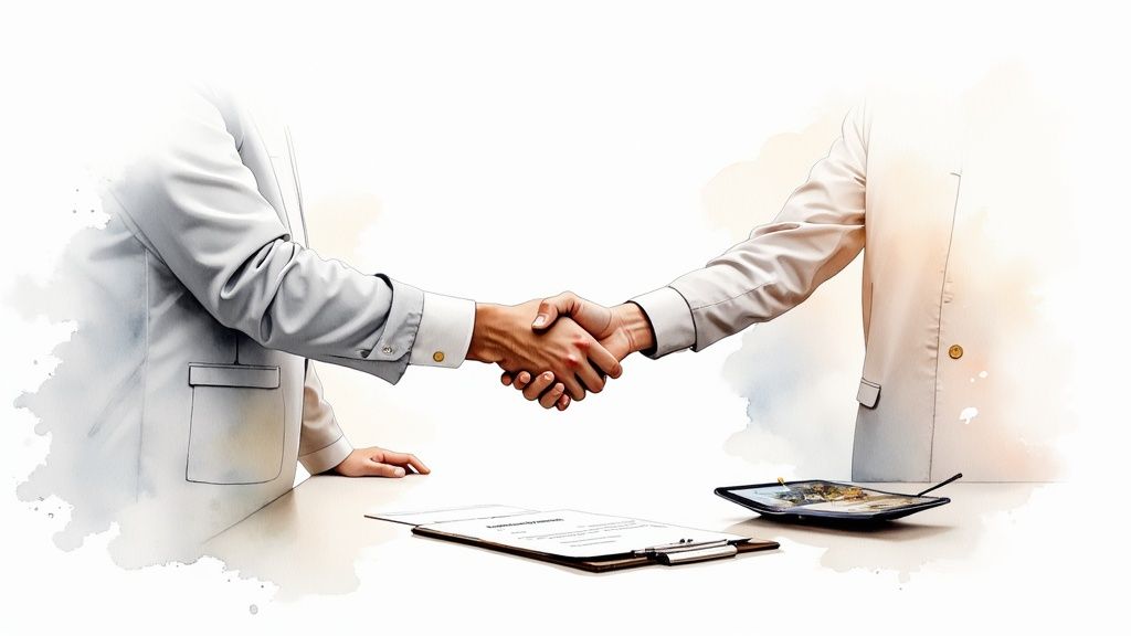 Two business professionals shaking hands over documents and calculator during financial agreement meeting