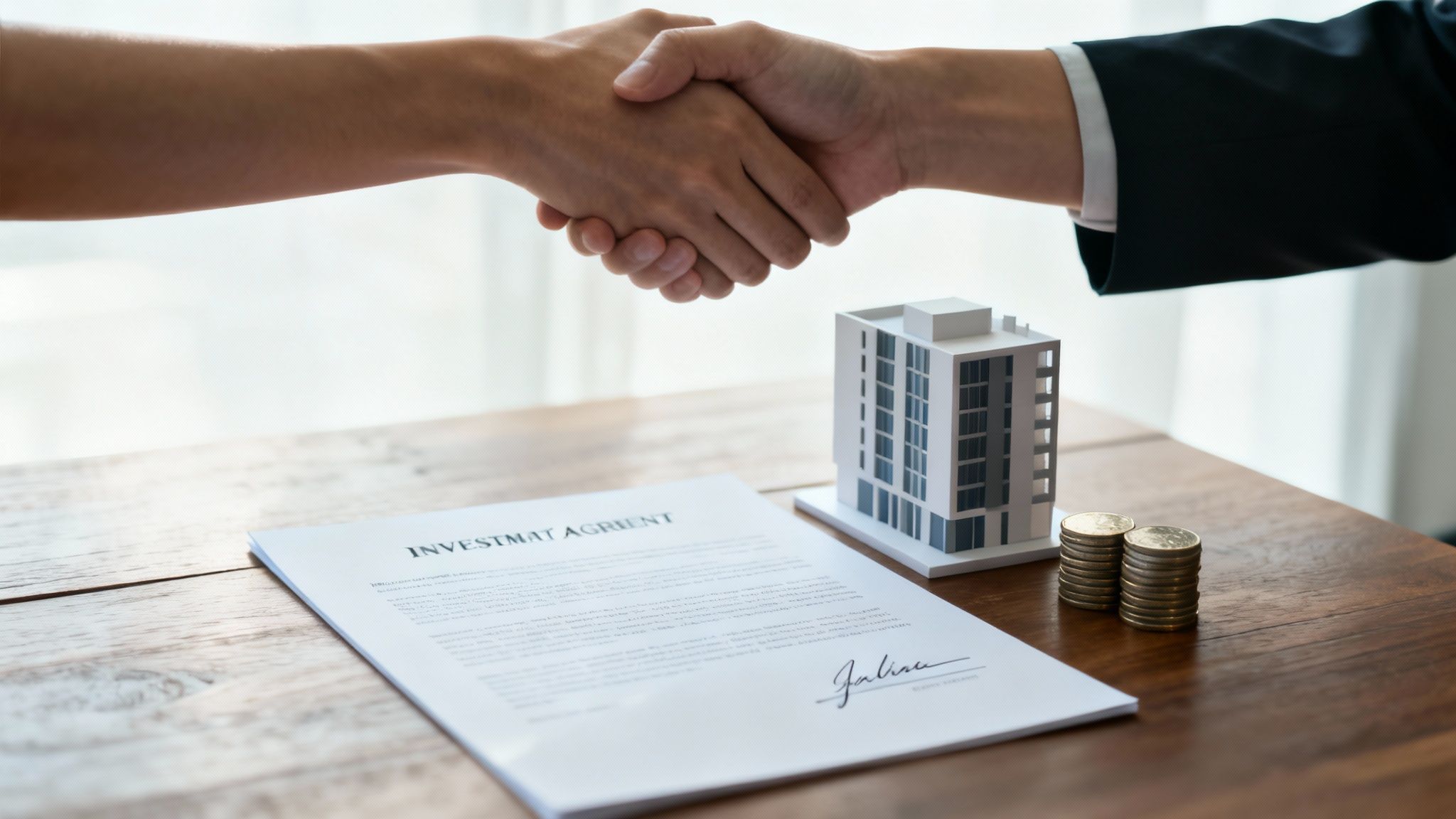 Two people shaking hands over a real estate investment agreement with a building model and coins.