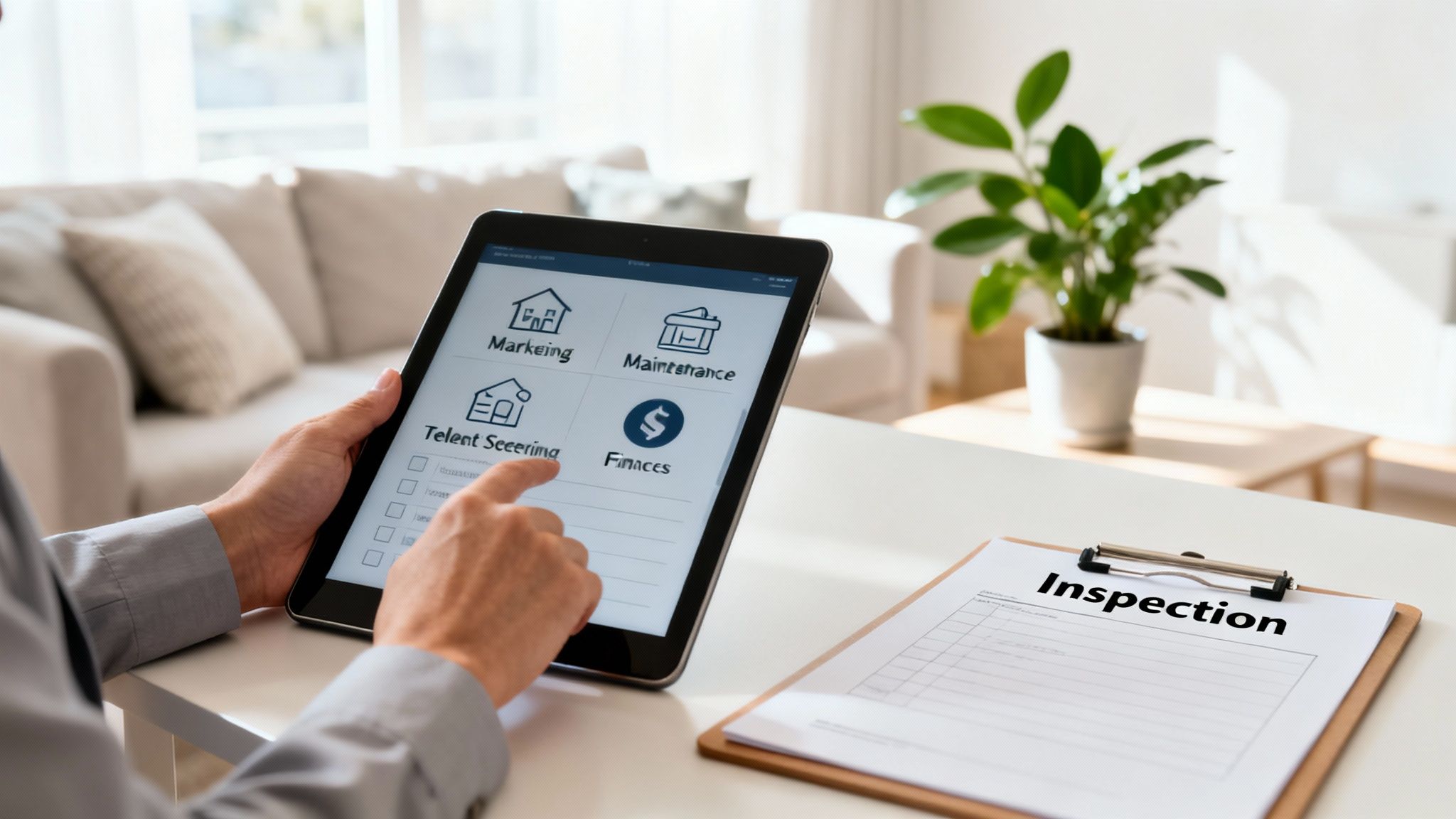 Person using a tablet for property management tasks, with an inspection checklist on the table.