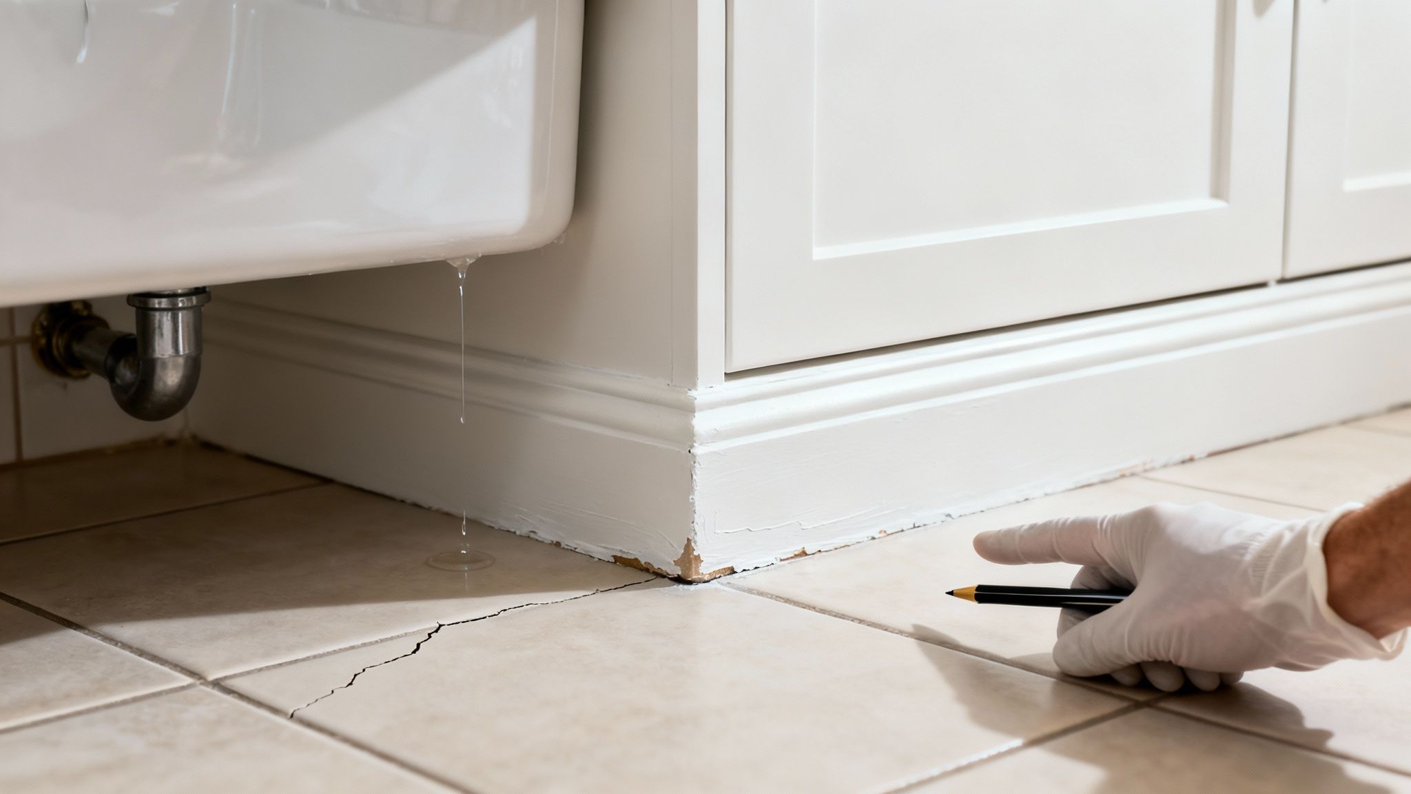 A gloved hand points to water dripping from a sink onto a cracked tile floor, indicating water damage.