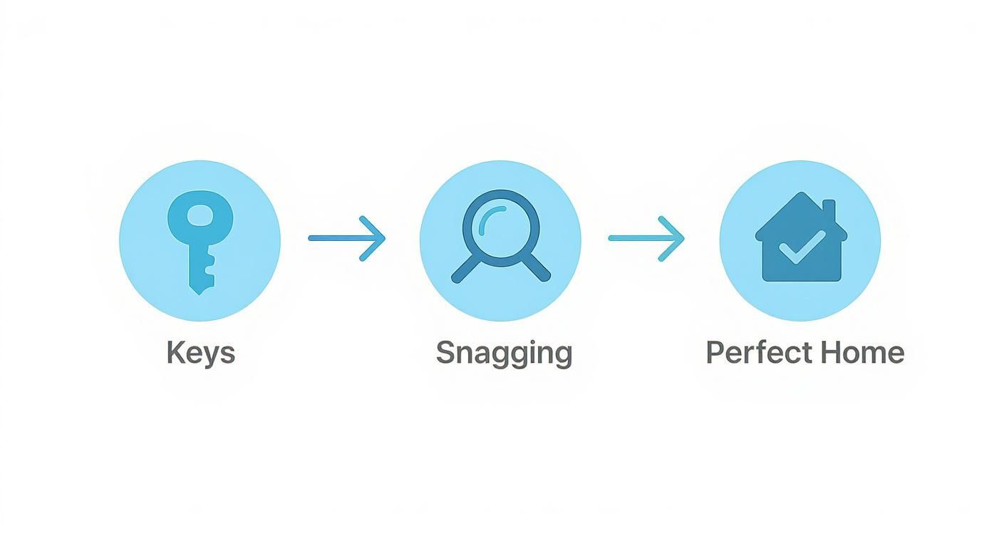 A three-step process diagram illustrating keys, snagging inspection, and achieving a perfect home.