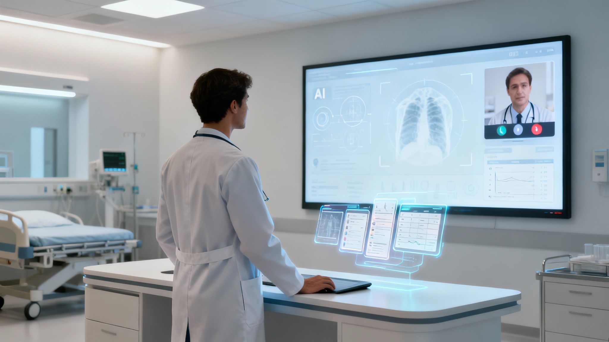 Doctor views AI-powered medical data, X-rays, and video call in a modern hospital room.