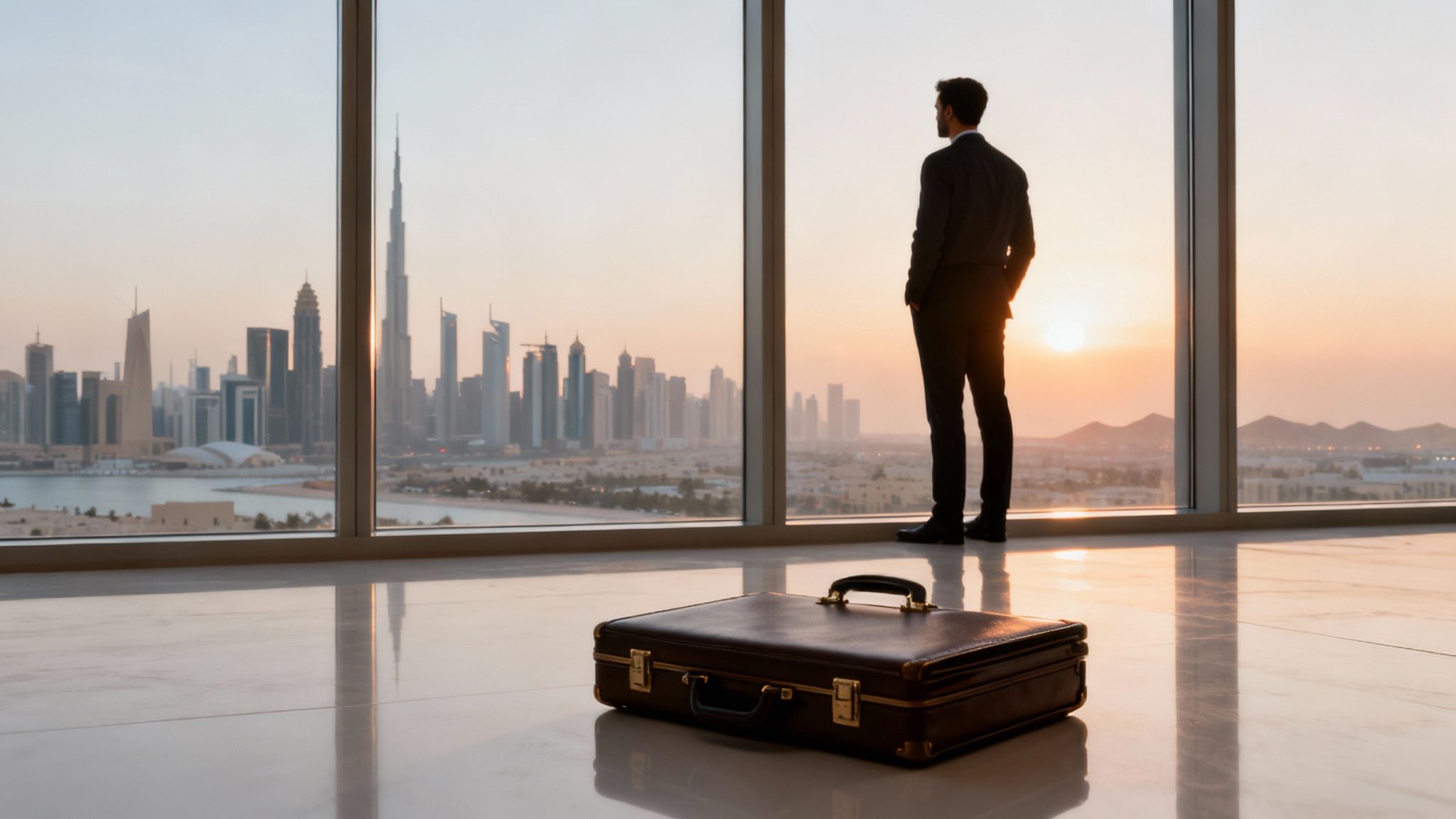A businessman in a suit looks out a window at a Dubai city skyline and sunset with a briefcase.