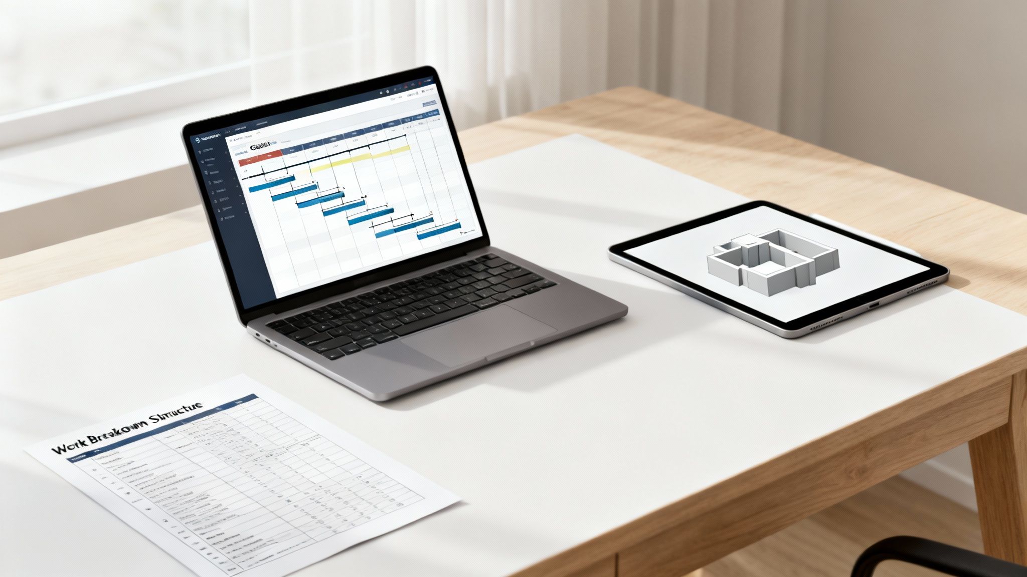 Desk setup with a laptop showing a project schedule, a tablet with a 3D building model, and a WBS document.